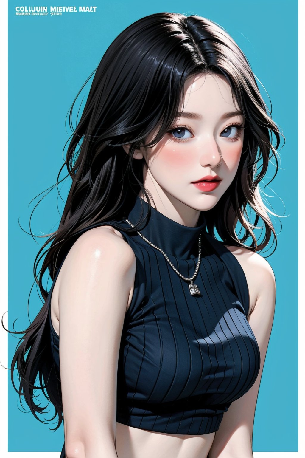 1girl, looking at viewer, styled clothes, turtle neck croptop, sleeveless, hairstyle, sharp focus, magazine cover, coloful background, 2D artstyle, outline, 

chimai,hine,hakil,yuong01,johyun,sim,haohaoulz,kn