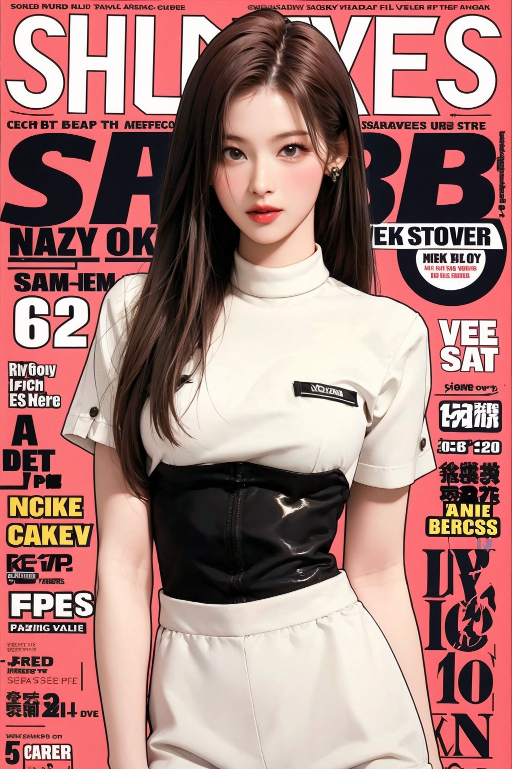 1girl, thigh up body, maid outfit, long hair, looking at viewer, detailed clothes, earrings, sanatw, magazine cover, 