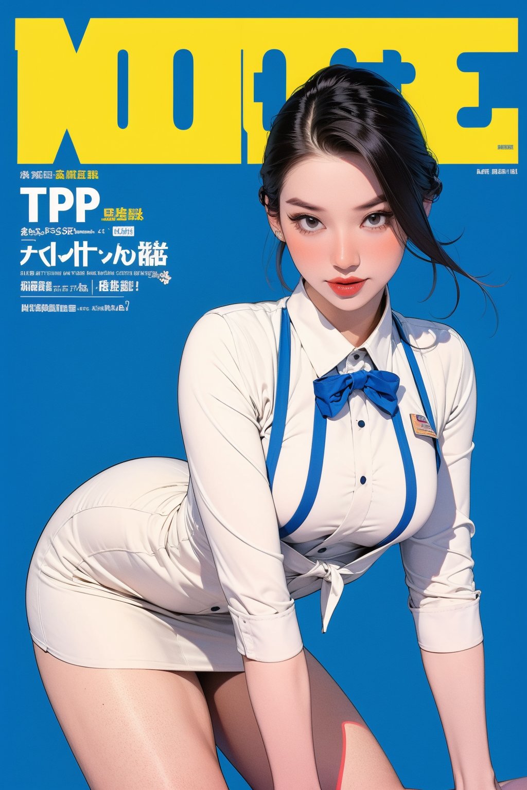 1girl, flight attendant, thigh up body, styled detailed clothes, looking at viewer, sharp focus, magazine cover, blue background, chimai,