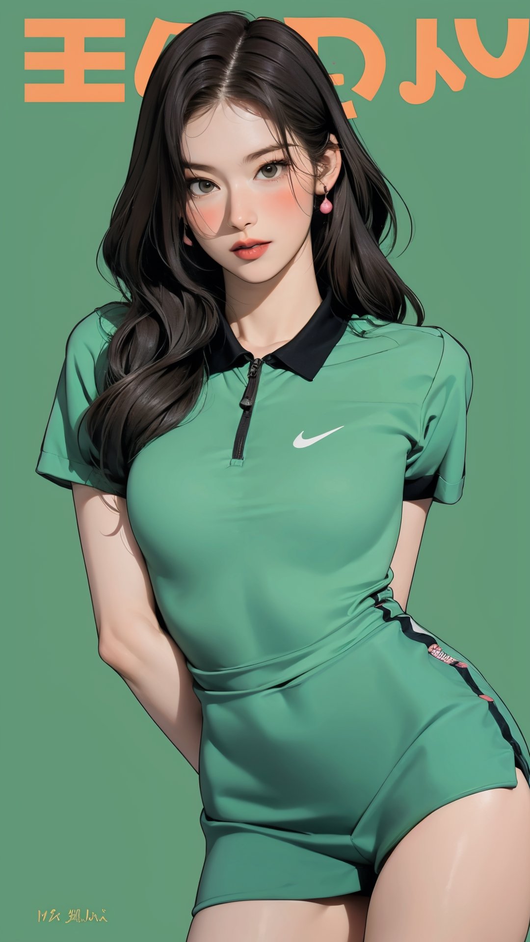 1girl, standing, thigh up body, ((looking at viewer, tennis girl outfit, center opening,)) 2D artstyle, magazine cover, outline, earings, blush, green background, hairstyle, ultra detailed, best quality, sharp focus, ,DiaSondef,sophiesw,Mia ,Anna ,mthanhh,minatw,momo,sanatw