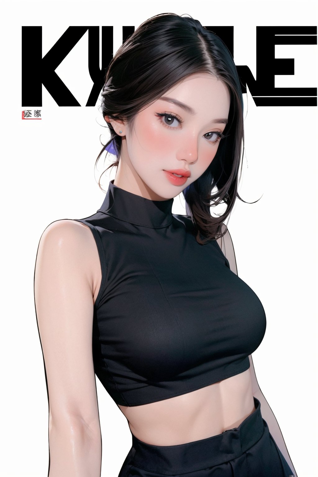 1girl, looking at viewer, styled clothes, turtle neck croptop, sleeveless, hairstyle, sharp focus, magazine cover, coloful background, 2D artstyle, outline, 

chimai,hine,hakil,yuong01,johyun,sim,haohaoulz,kn