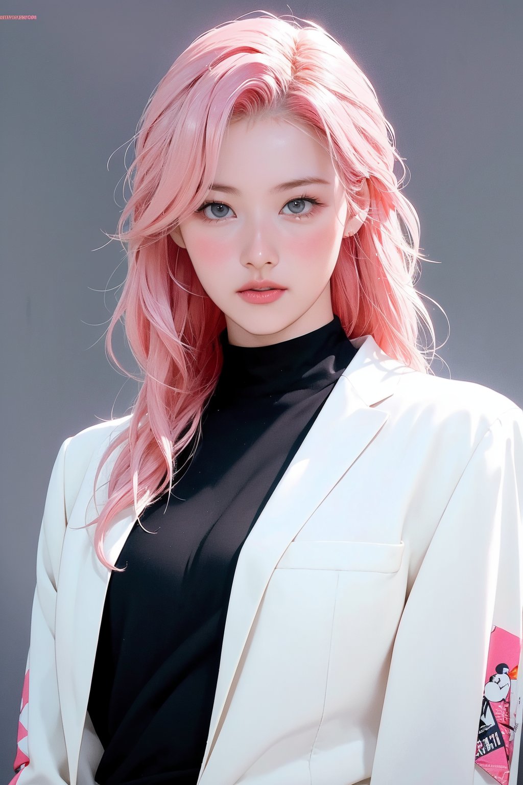 1girl, hip up, looking at viewer, pink hair, styled outfit, ultra detail, accurate color reproduction, grey black background, best quality, professionally color graded, wide angle, artwork, blurring effect, natural lighting, cinematic, sanatw