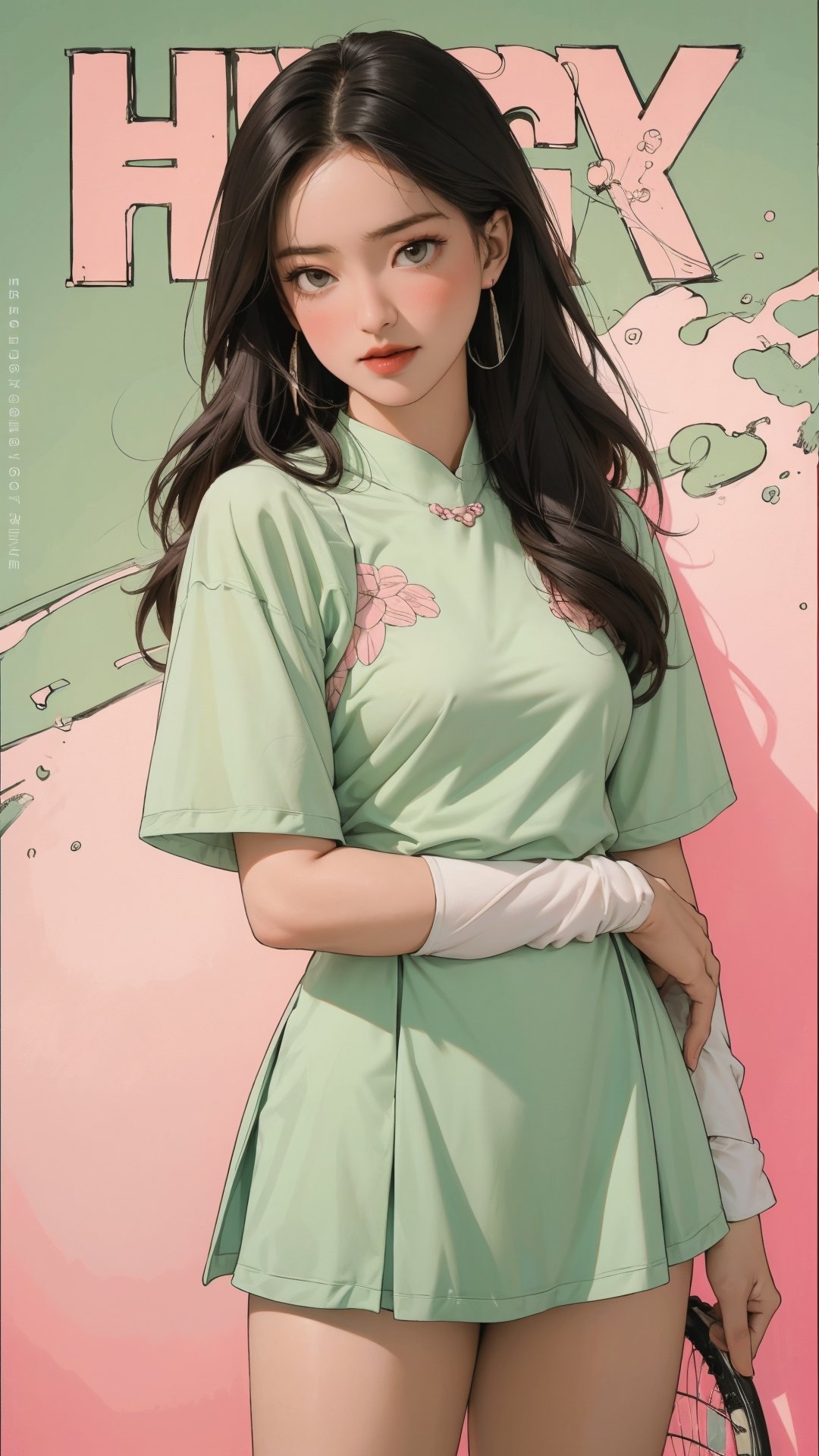 1girl, standing, thigh up body, ((looking at viewer, tennis girl outfit,)) 2D artstyle, magazine cover, outline, earings, blush, green background, hairstyle, ultra detailed, best quality, sharp focus,rosé,jisoo,shuhua,kn