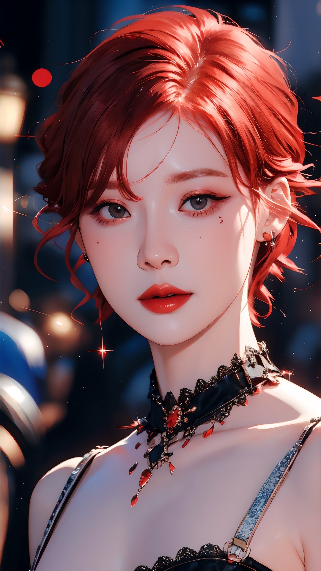 short red hair, 1girl, accessories, piercing, intricate background, fantasy, mythical, misterious, masterpiece, best quality, dynamic angle, cinematic composition, aespawinter,1 girl