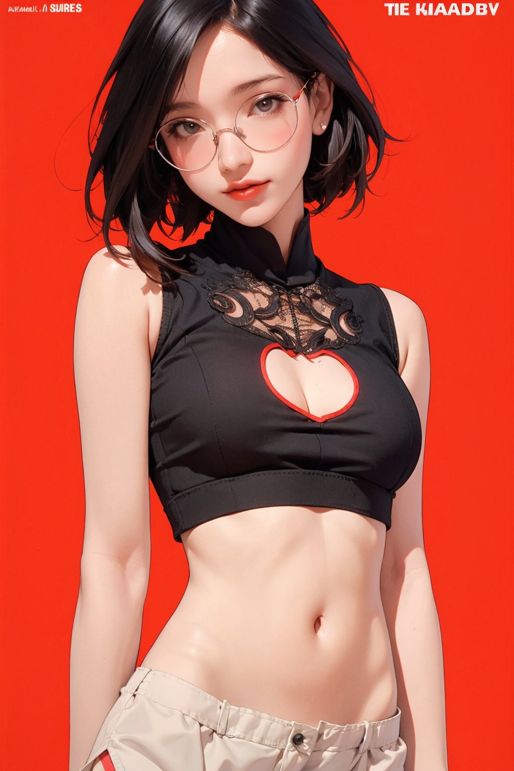 allure, lustful, 1girl, thigh up body, looking at viewer, translucent, intricate clothes, cutout clothes, ((sleeveless, navel cutout, )), cinematic lighting, hairstyle, magazine cover, red background, hakil, eyeglasses,