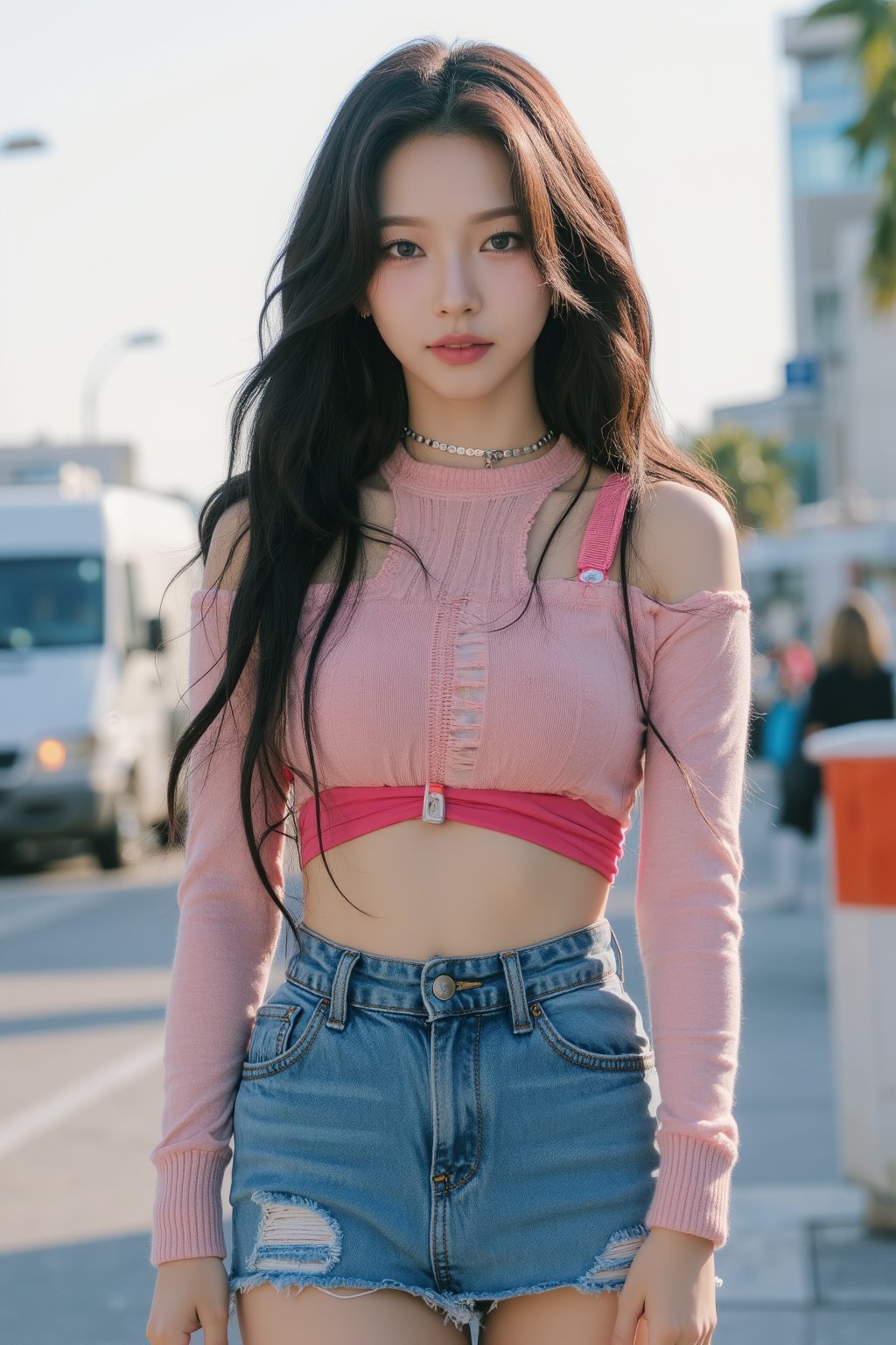 1girl, hip up body, kpop idol, croptop, miniskirt, standing, on street, detailed clothes, looking at viewer, ultra detailed, beautiful face, natural lighting, magazine cover, 2.5D artstyle, best quality, masterpiece, aespakarina, straight camera angle,