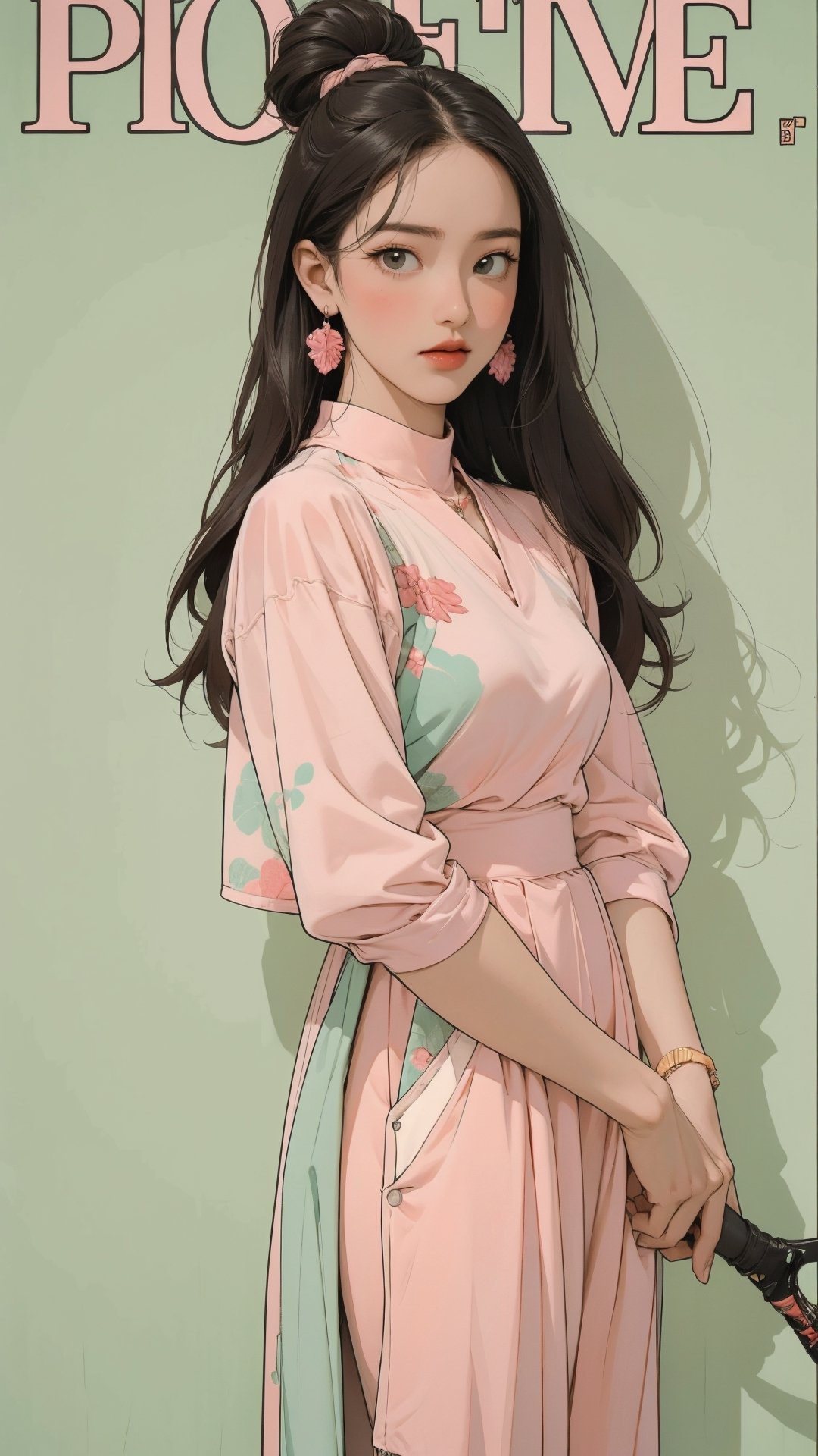 1girl, standing, thigh up body, ((looking at viewer, tennis girl outfit,)) 2D artstyle, magazine cover, outline, earings, blush, green background, hairstyle, ultra detailed, best quality, sharp focus,rosé,jisoo,shuhua,kn