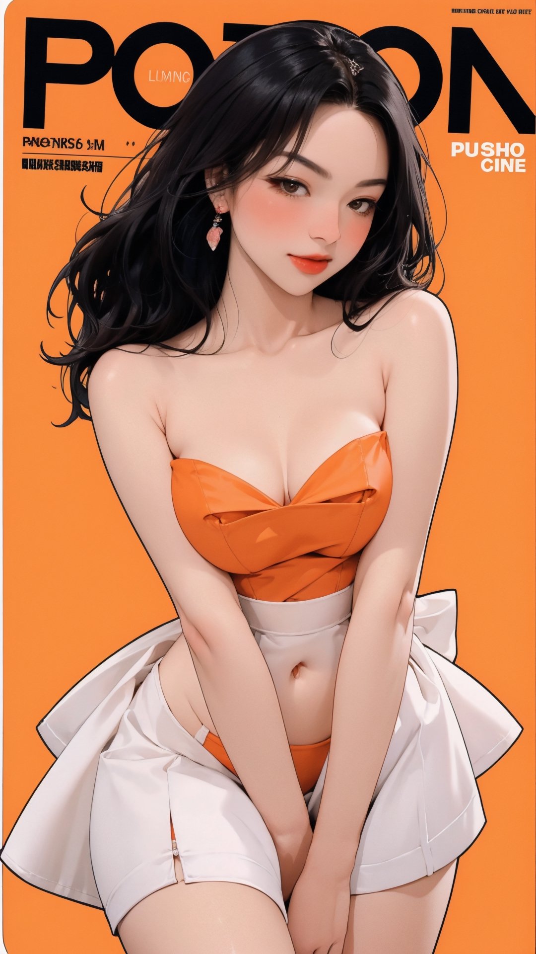 1girl, looking at viewer, thigh up body, stocking, earings, elegant, blush and lustful emotion, nsfw, orange background, hairstyle, styled clothes, cutout clothes, dynamic composition, ultra detailed, best quality, sharp focus, magazine cover, outline, 2D artstyle,aespakarina,htt,sim