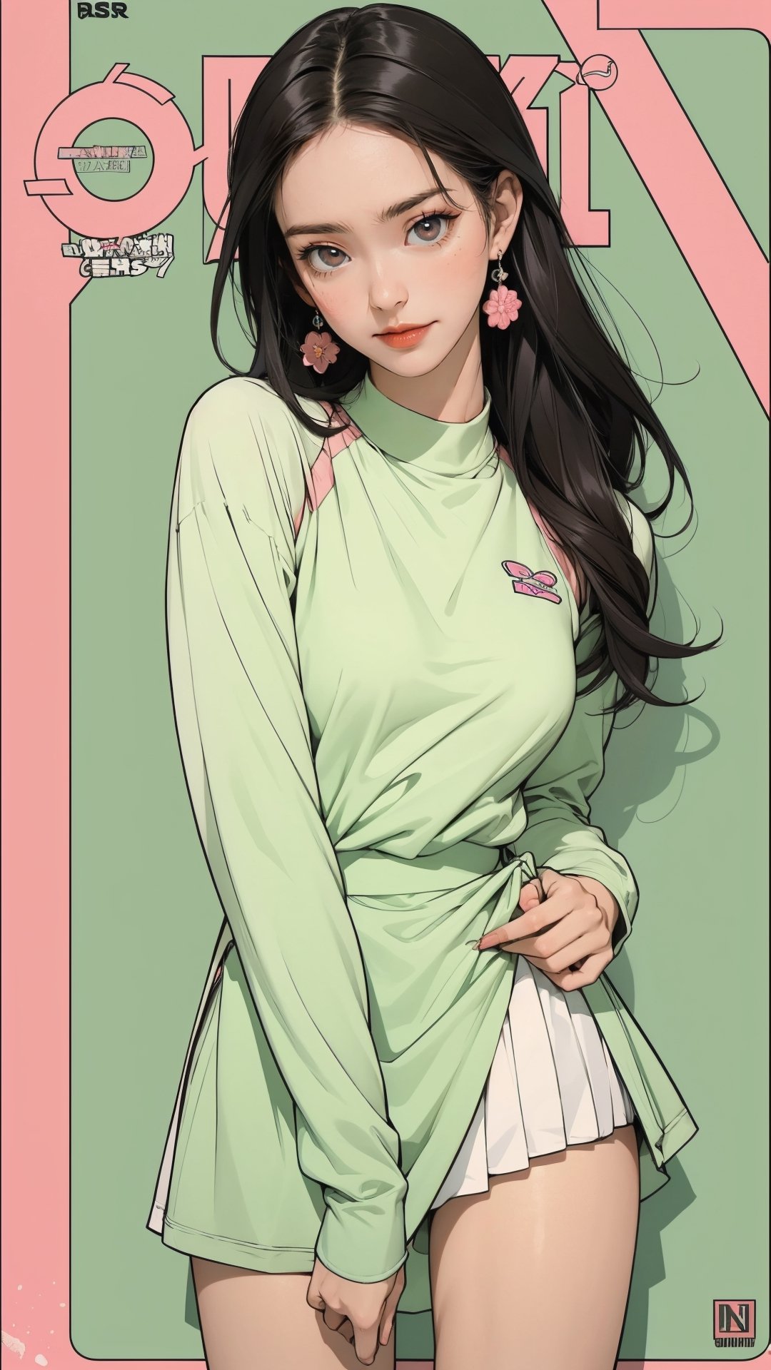 1girl, standing, thigh up body, ((looking at viewer, tennis girl outfit,)) 2D artstyle, magazine cover, outline, earings, blush, green background, hairstyle, ultra detailed, best quality, sharp focus,rosé,jisoo,shuhua,kn