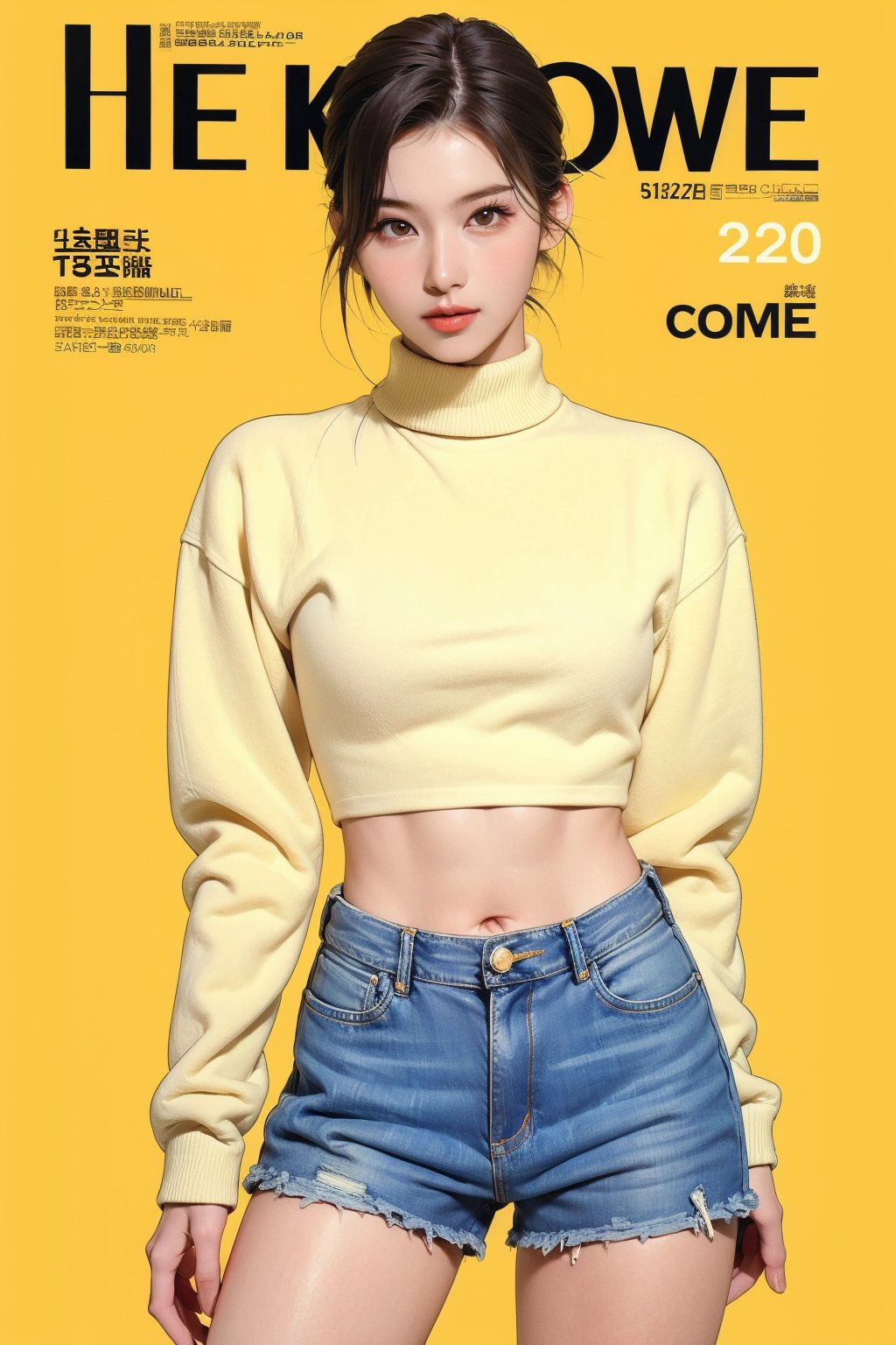 1girl, thigh up body, detailed clothes, kpop idol, turtle_neck_croptop, wide_legs_loose_jeans, looking at viewer, sharp focus, magazine cover, yellow background, ((outline,)) chimai, aespakarina,sanatw