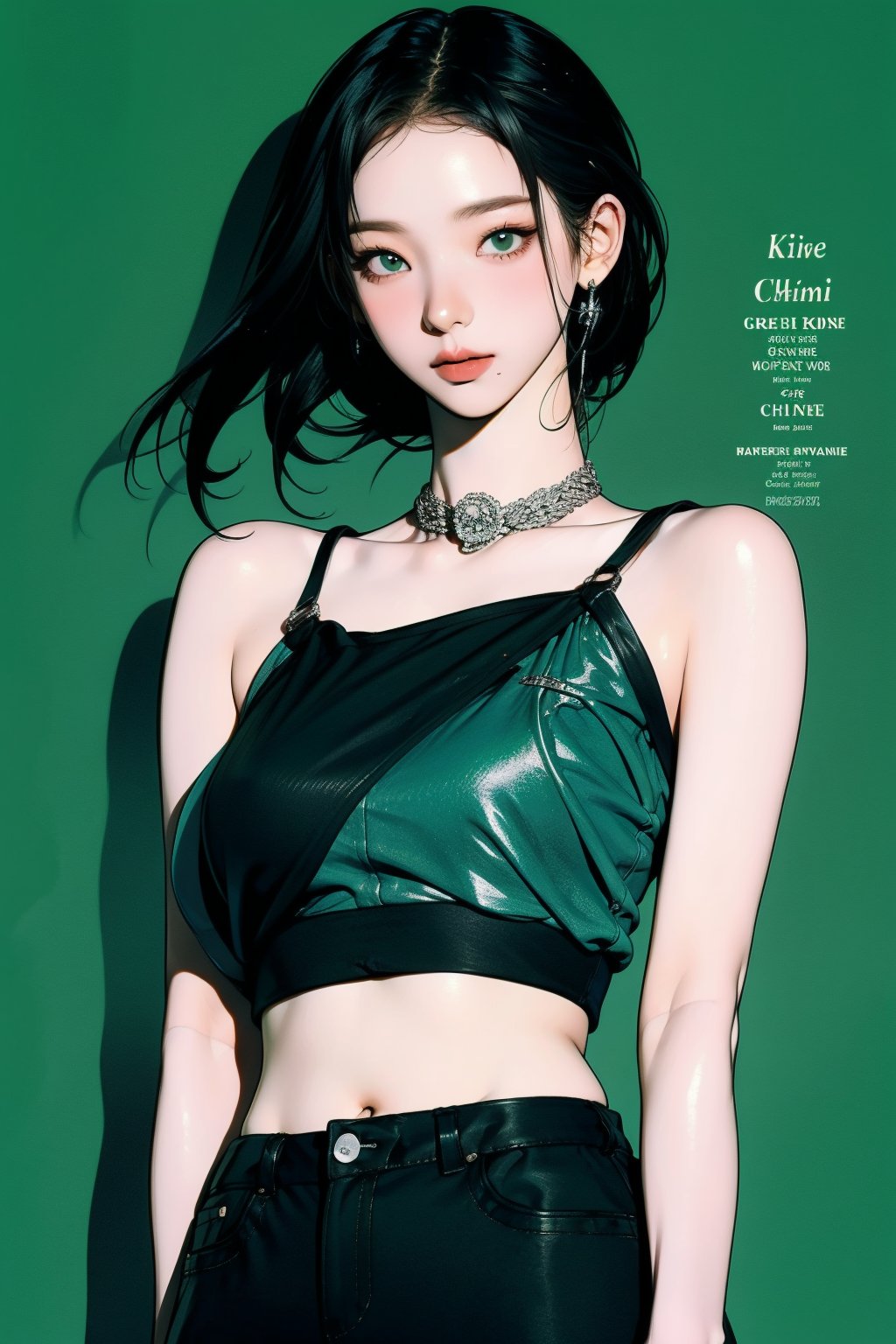 1girl, thigh up body, detailed clothes, kpop idol, hairstyle, croptop, looking at viewer, sharp focus, magazine cover, green background, ((outline,)) chimai, aespakarina,sanatw