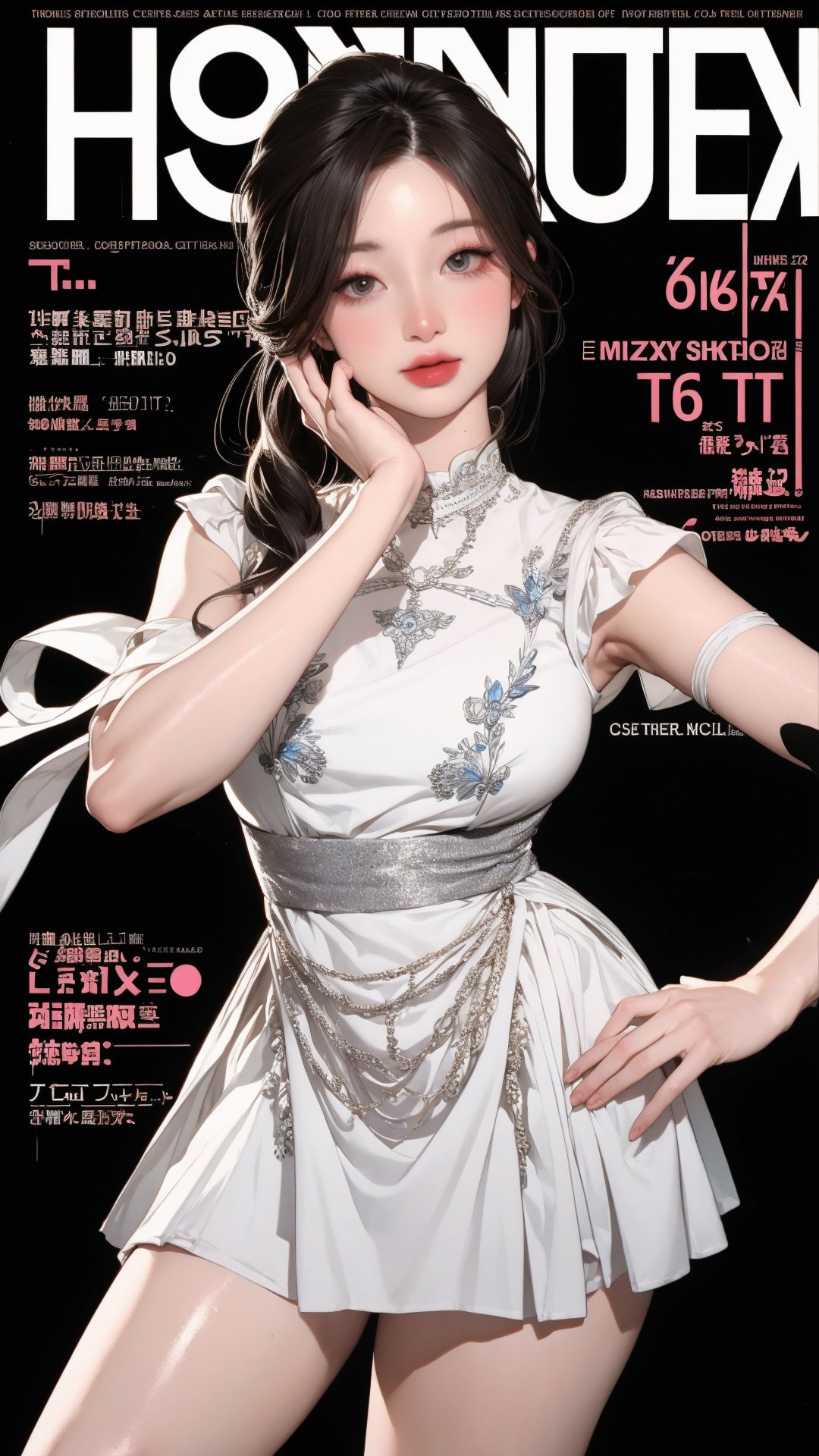 lust, 1girl, thigh up body, looking at viewer, intricate clothes, shiny outfit, professional lighting, different hairstyle, coloful, magazine cover, light theme, johyun,htt