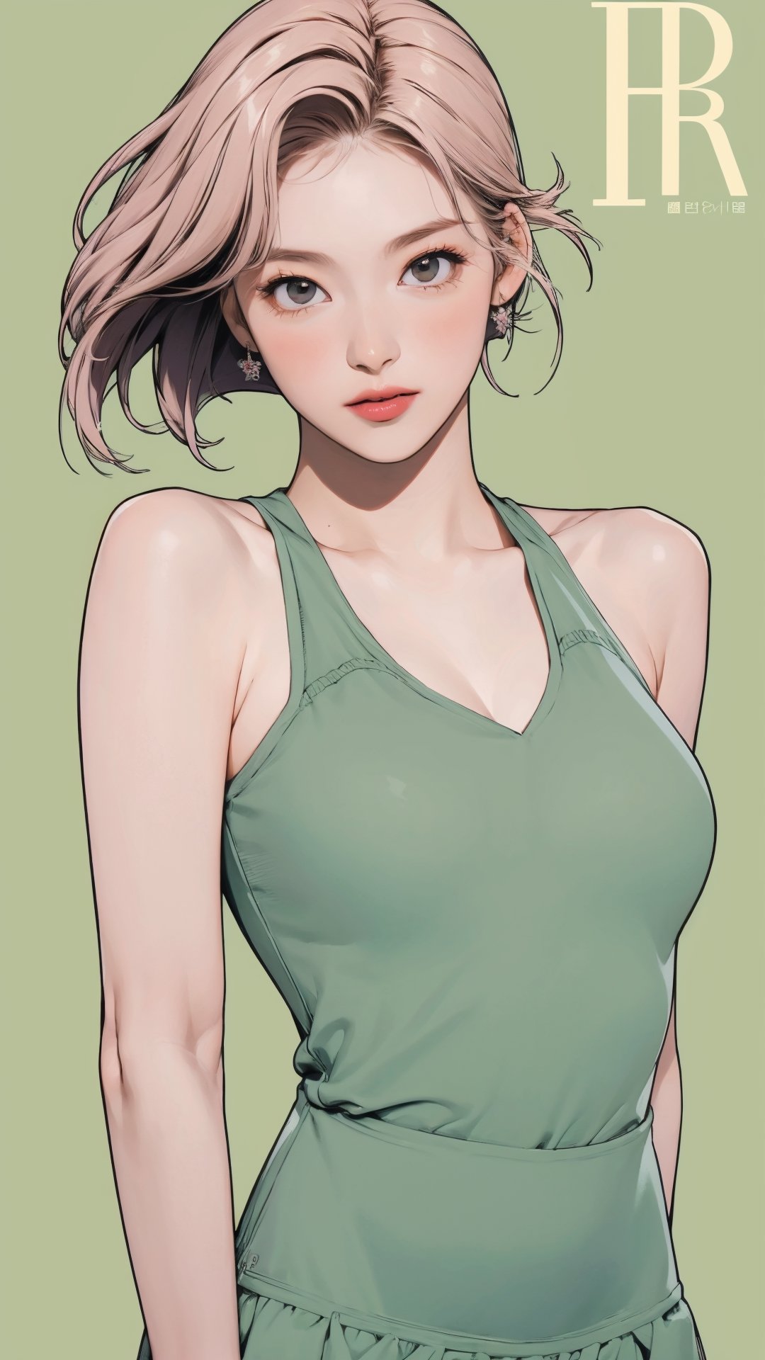 1girl, standing, thigh up body, ((looking at viewer, tennis girl outfit, center opening,)) 2D artstyle, magazine cover, outline, earings, blush, green background, hairstyle, ultra detailed, best quality, sharp focus, ,DiaSondef,sophiesw,Mia ,Anna ,mthanhh,minatw,momo,sanatw