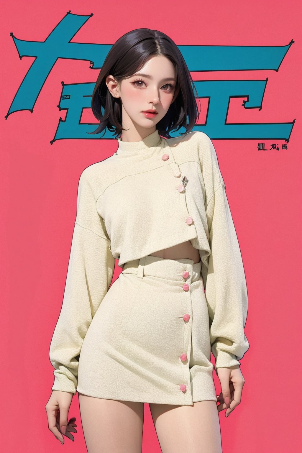 1girl, thigh up body, standing, looking at viewer, styled clothes, sharp focus, magazine cover, coloful background, 2D artstyle, outline, 

chimai,hine,hakil,yuong01,johyun,sim,haohaoulz,kn,htt,minatw,miyeon