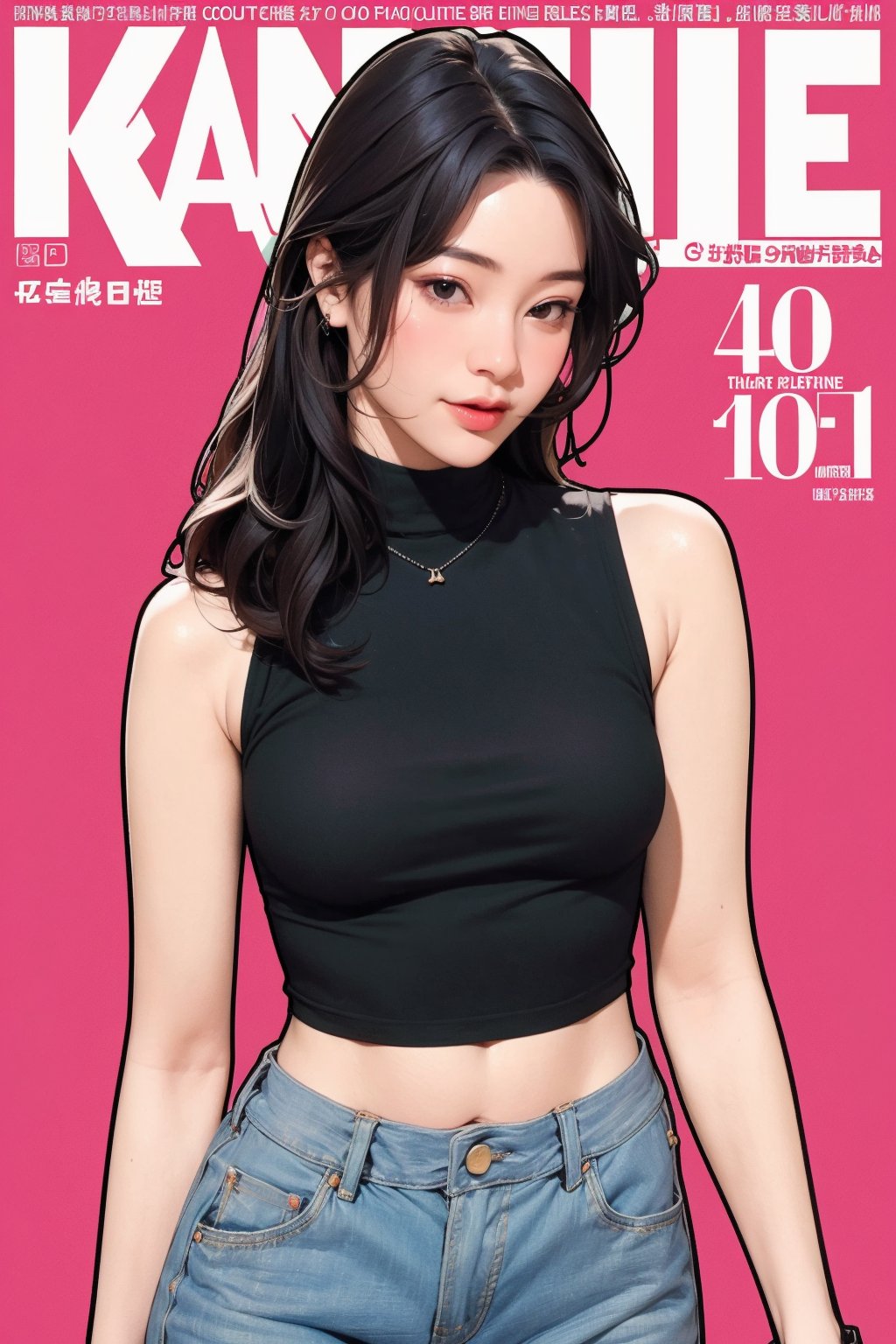 1girl, looking at viewer, styled clothes, turtle neck croptop, sleeveless, hairstyle, sharp focus, magazine cover, coloful background, 2D artstyle, outline, 

chimai,hine,hakil,yuong01,johyun