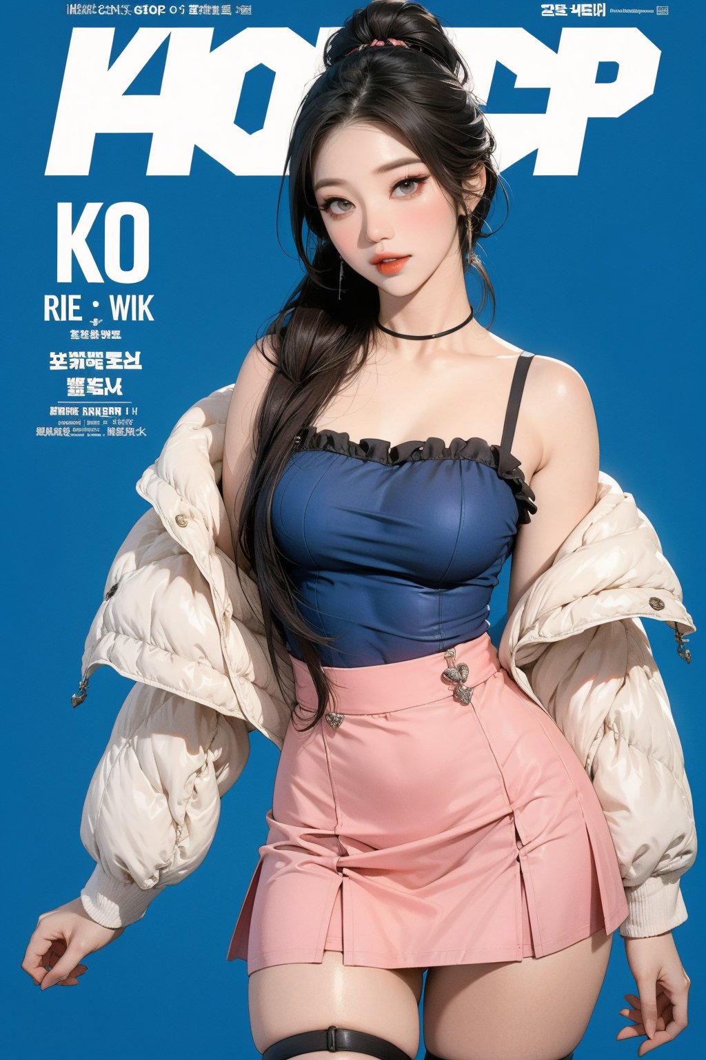 ((kpop idol girl, thigh strap, styled top, skirt,)) 1girl, thigh up, hairstyle, standing, looking at viewer, ultra detailed, profesional lighting, blue background, magazine cover

johyun, wyntracy, hine, hakil, htt, chimai, sim, yuong01, sana, QA, aespakarina, huondey,kn,jisoo,rosé