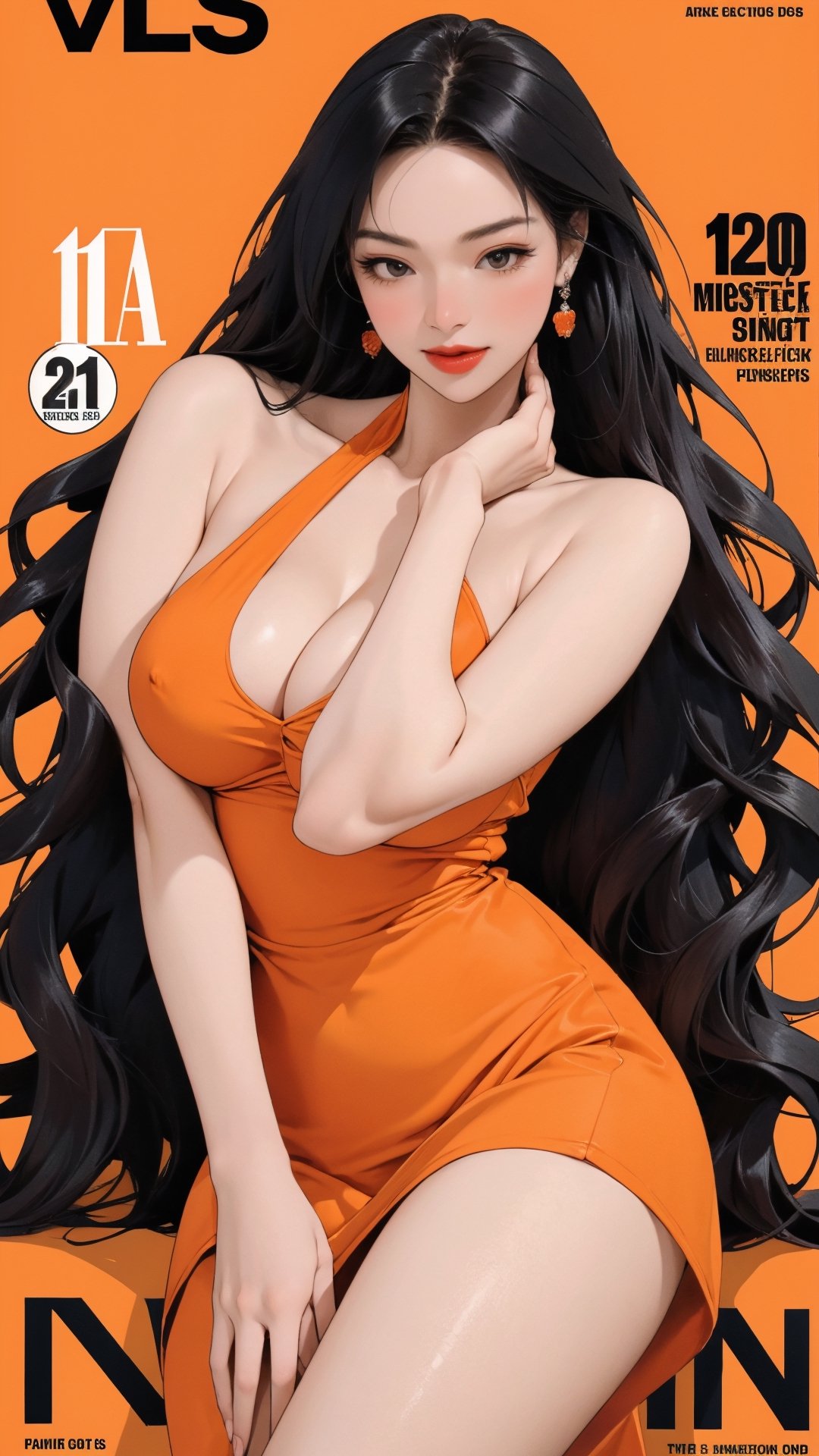 1girl, looking at viewer, thigh up body, stocking, earings, elegant, allure emotion, nsfw, orange background, hairstyle, styled clothes, cutout clothes, dynamic composition, ultra detailed, best quality, sharp focus, magazine cover, outline, 2D artstyle,aespakarina,htt,sim