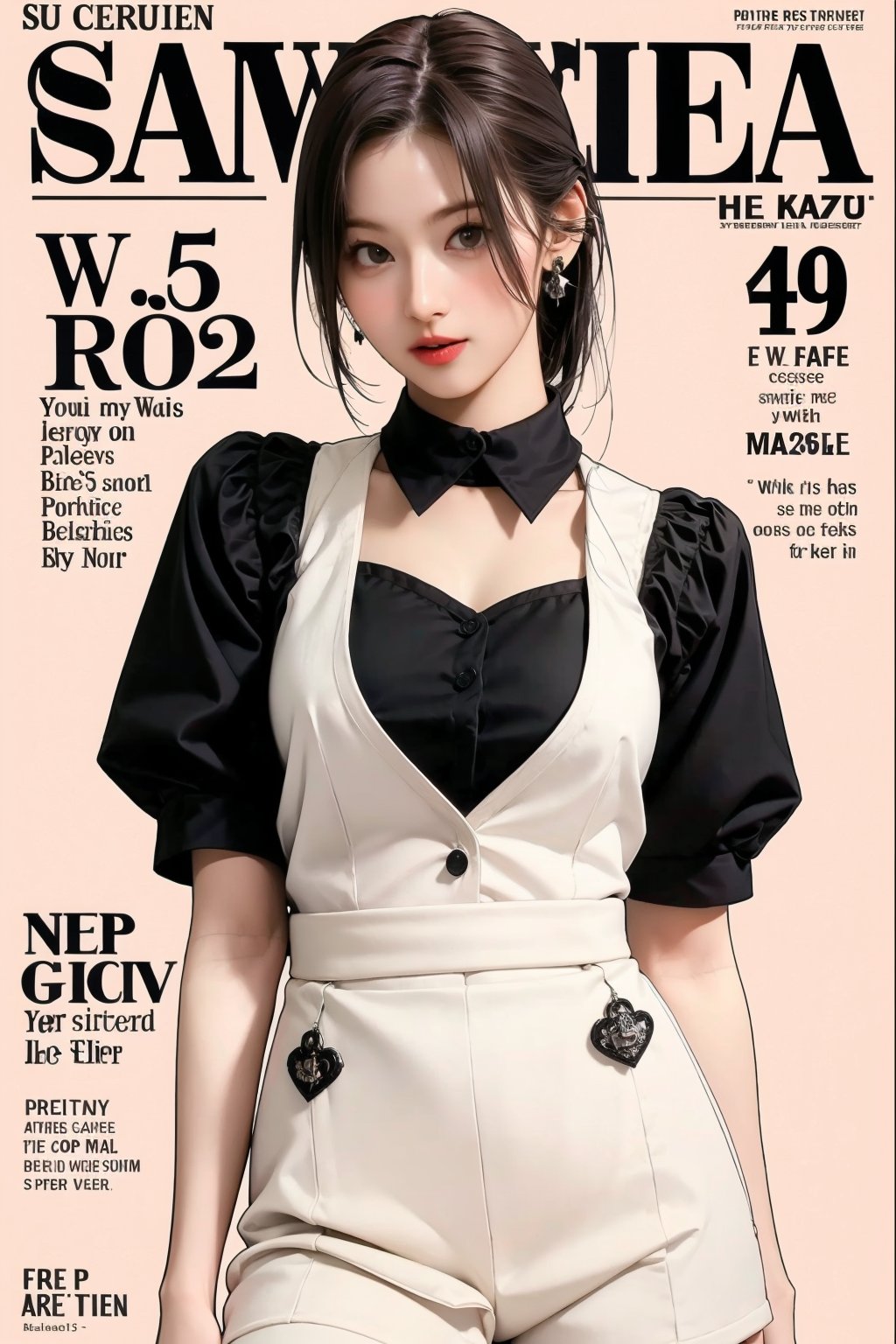 1girl, thigh up body, maid outfit, looking at viewer, detailed clothes, earrings, sanatw, magazine cover, 