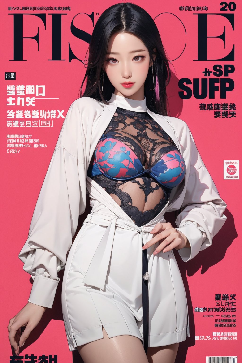 1girl, thigh up body, looking at viewer, intricate clothes, professional lighting, different hairstyle, coloful, magazine cover, light theme, johyun