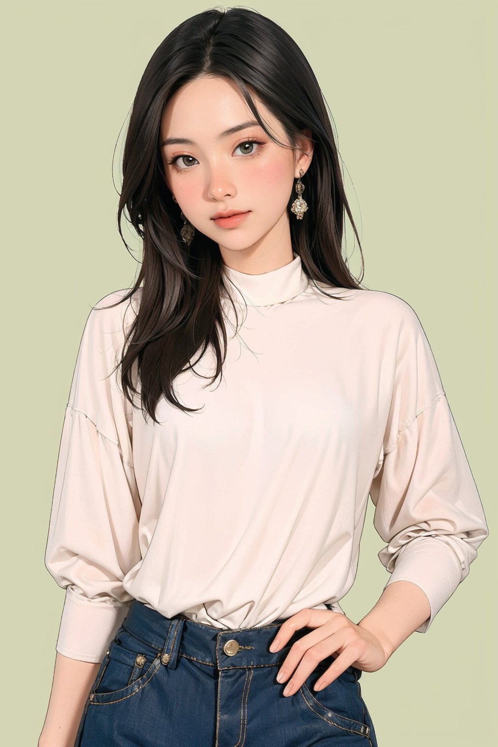 allure, sexy, 1girl, blush, hip up, styled outfit, detailed clothes, looking straight at viewer, earrings, simple background, green background, outline, johyun, QA