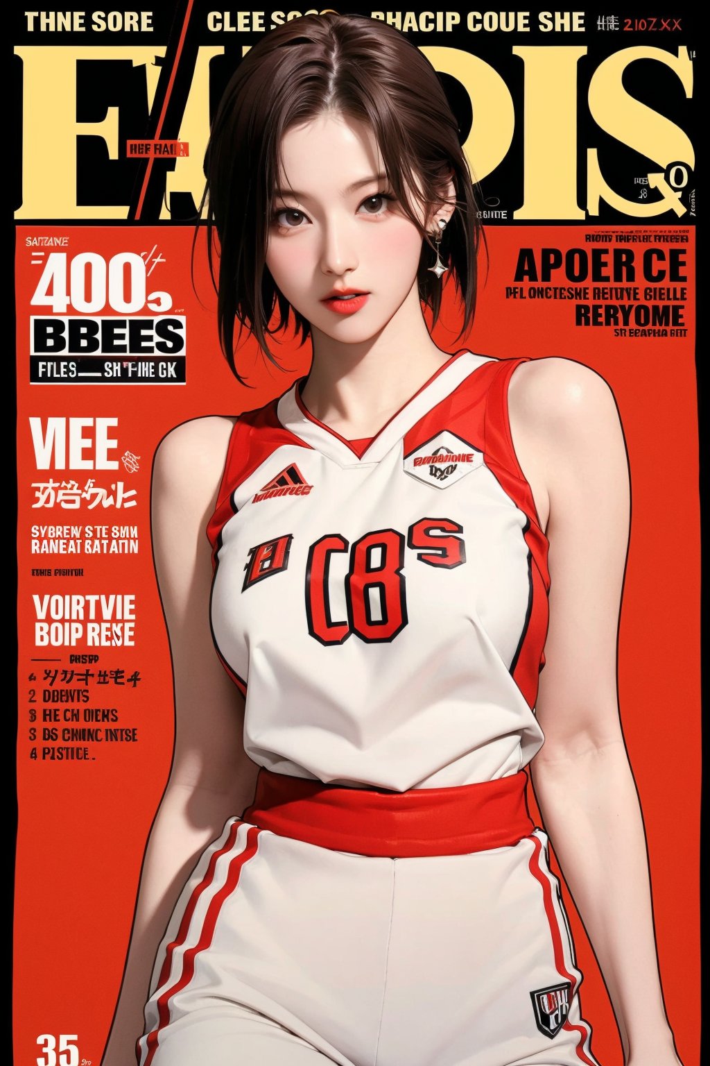 1girl, ((thigh up body,)) basketball girl outfit, looking at viewer, detailed clothes, earrings, sanatw, magazine cover, dynamic angle, dynamic posing,