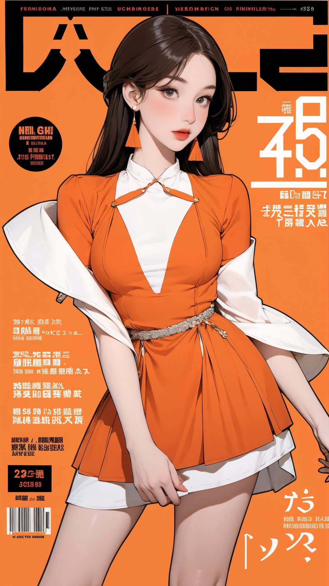 1girl, looking at viewer, thigh up body, stocking, earings, elegant and allure, orange background, hairstyle, styled clothes, cutout clothes, dynamic composition, ultra detailed, best quality, sharp focus, magazine cover, outline, 2D artstyle,aespakarina,htt