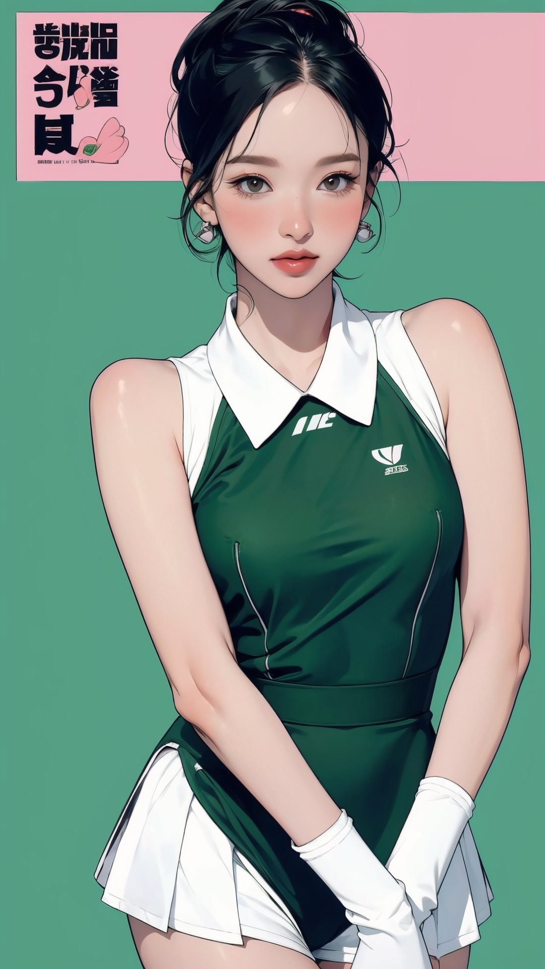 1girl, standing, thigh up body, ((looking at viewer, tennis girl outfit, center opening,)) 2D artstyle, magazine cover, outline, earings, blush, green background, hairstyle, ultra detailed, best quality, sharp focus, ,DiaSondef,sophiesw,Mia ,Anna ,mthanhh,minatw