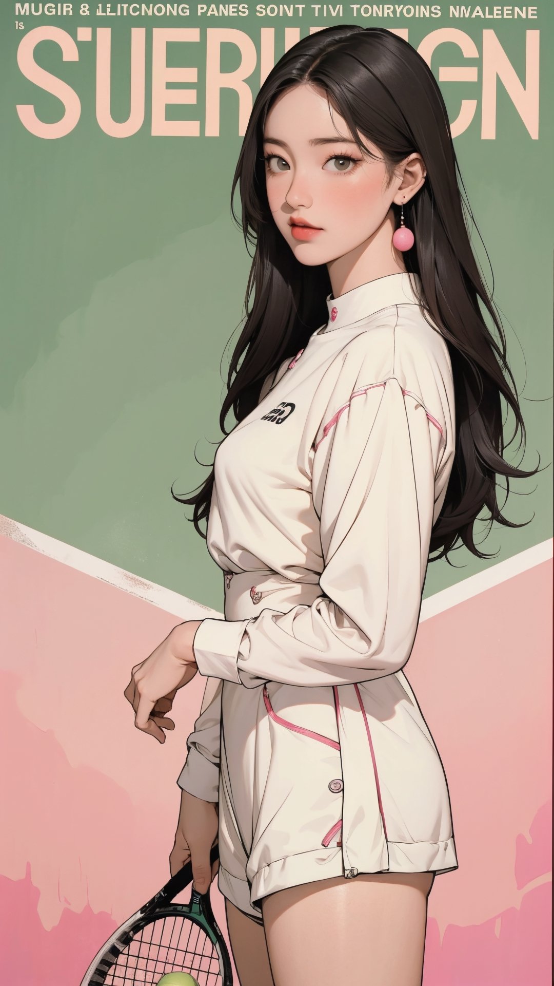 1girl, standing, thigh up body, ((looking at viewer, tennis girl outfit,)) 2D artstyle, magazine cover, outline, earings, blush, green background, hairstyle, ultra detailed, best quality, sharp focus,rosé,jisoo,shuhua,kn