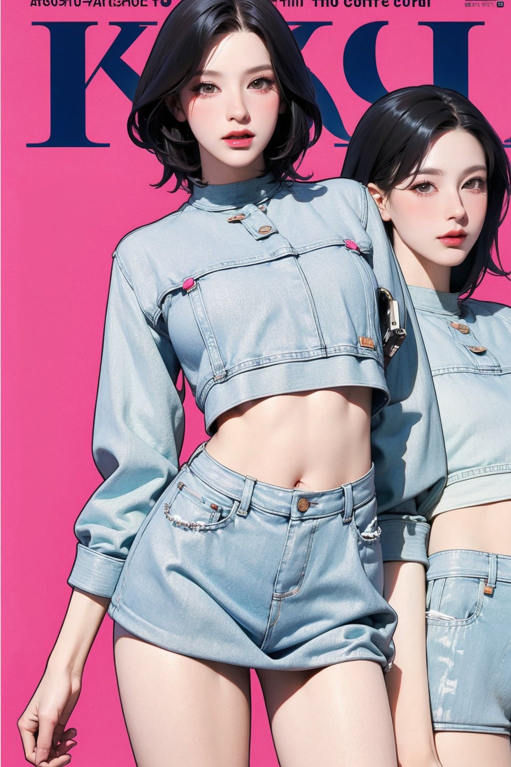 1girl, thigh up body, standing, looking at viewer, styled clothes, sharp focus, magazine cover, coloful background, 2D artstyle, outline, 

chimai,hine,hakil,yuong01,johyun,sim,haohaoulz,kn,htt,minatw,miyeon