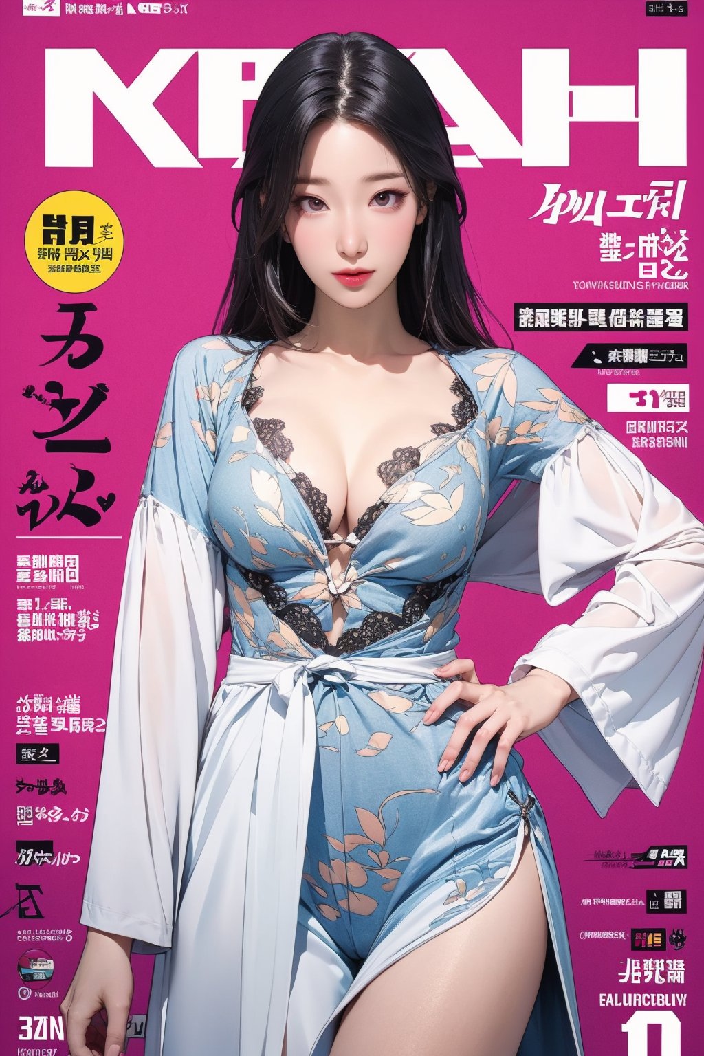 1girl, thigh up body, looking at viewer, intricate clothes, professional lighting, different hairstyle, coloful, magazine cover, light theme, kn,huondey,johyun