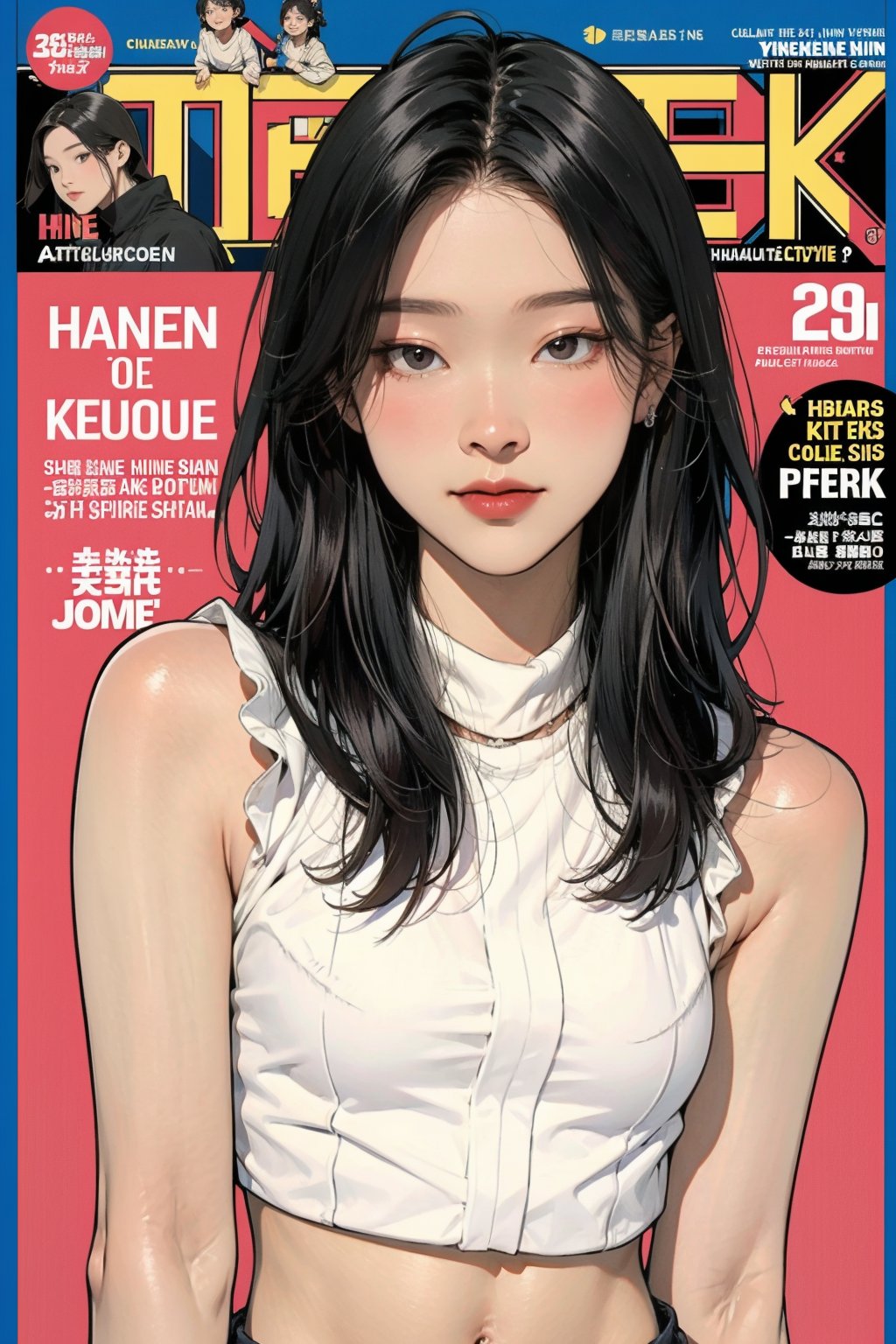 1girl, looking at viewer, styled clothes, turtle neck croptop, sleeveless, hairstyle, sharp focus, magazine cover, coloful background, 2D artstyle, outline, 

chimai,hine,hakil,yuong01,johyun,sim,haohaoulz,kn