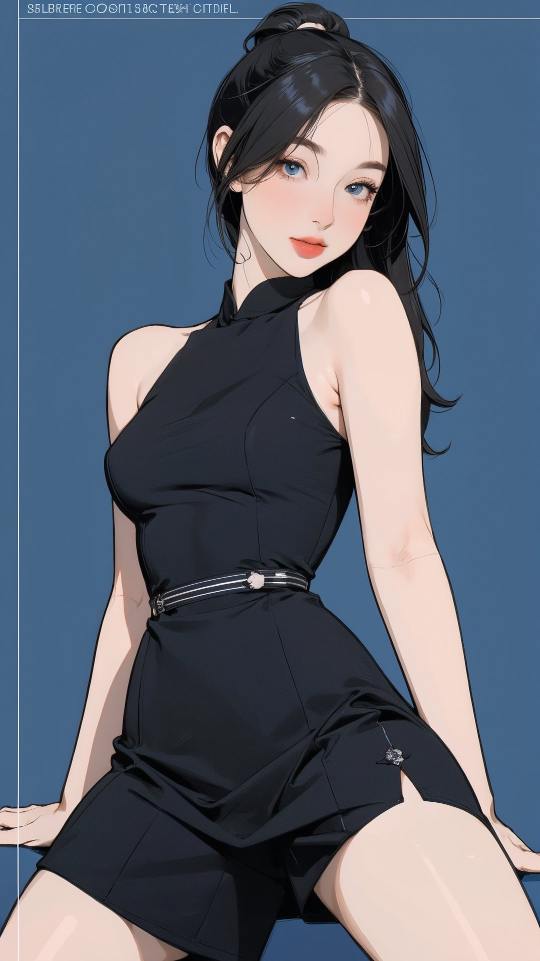 1girl, looking at viewer, thigh up body, sexy and elegant, blue background, cutout clothing, hairstyle, cinematic composition, styled clothes,  ultra detailed, best quality, sharp focus, magazine cover, outline, 2D artstyle, htt