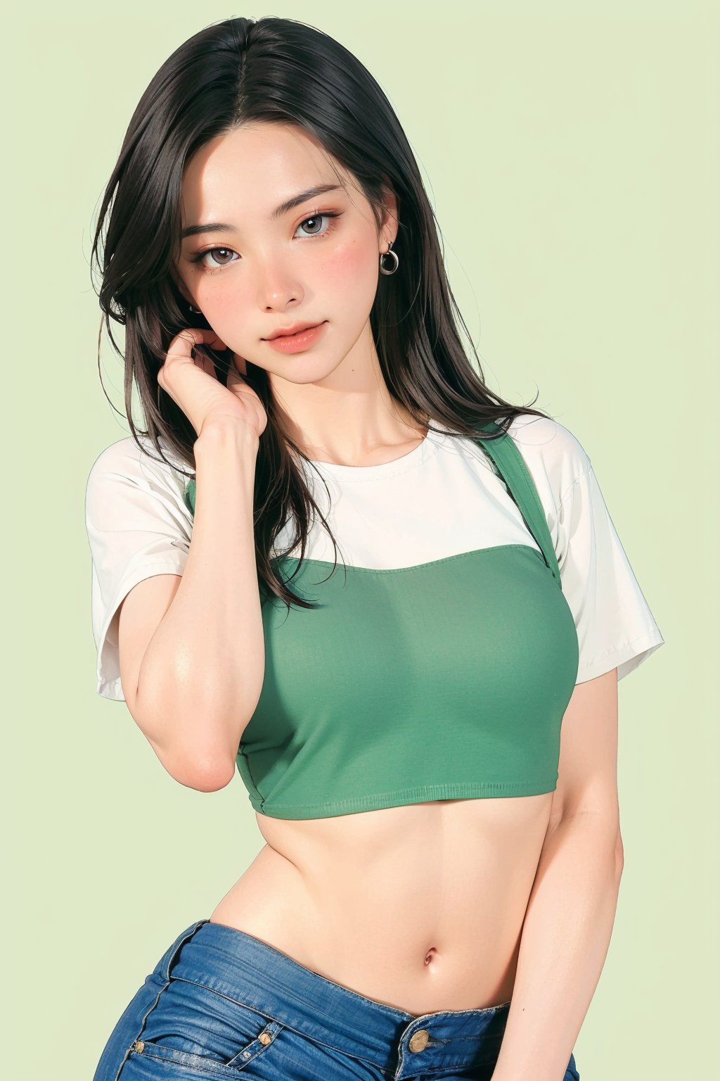 allure, sexy, 1girl, blush, hip up, styled croptop, miniskirt, detailed clothes, looking straight at viewer, earrings, simple background, green background, outline, johyun, QA