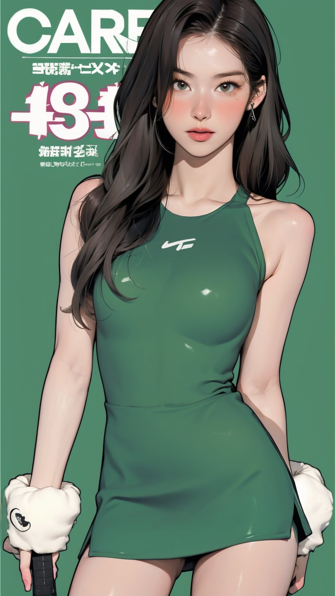 1girl, standing, thigh up body, ((looking at viewer, tennis girl outfit, center opening,)) 2D artstyle, magazine cover, outline, earings, blush, green background, hairstyle, ultra detailed, best quality, sharp focus, ,DiaSondef,sophiesw,Mia ,Anna ,mthanhh,minatw,momo,sanatw