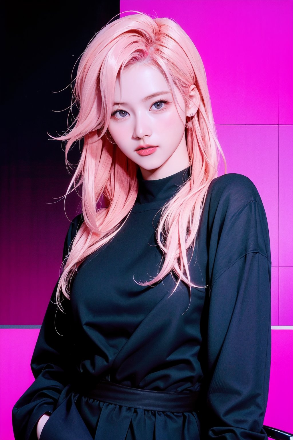 1girl, hip up, looking at viewer, pink hair, styled outfit, ultra detail, accurate color reproduction, black background, best quality, professionally color graded, wide angle, artwork, blurring effect, professional lighting, cinematic, sanatw