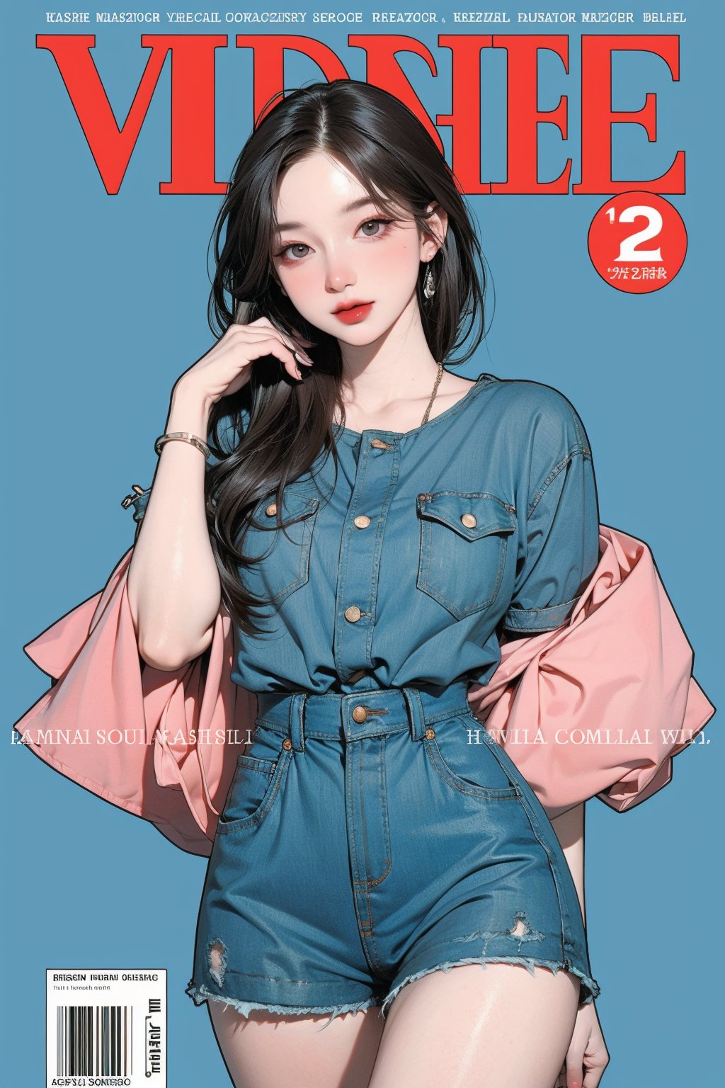 1girl, thigh up body, eyewear, styled outfit, ((looking at viewer,)) earrings, magazine cover, blue background, hine, hakil, kmiu