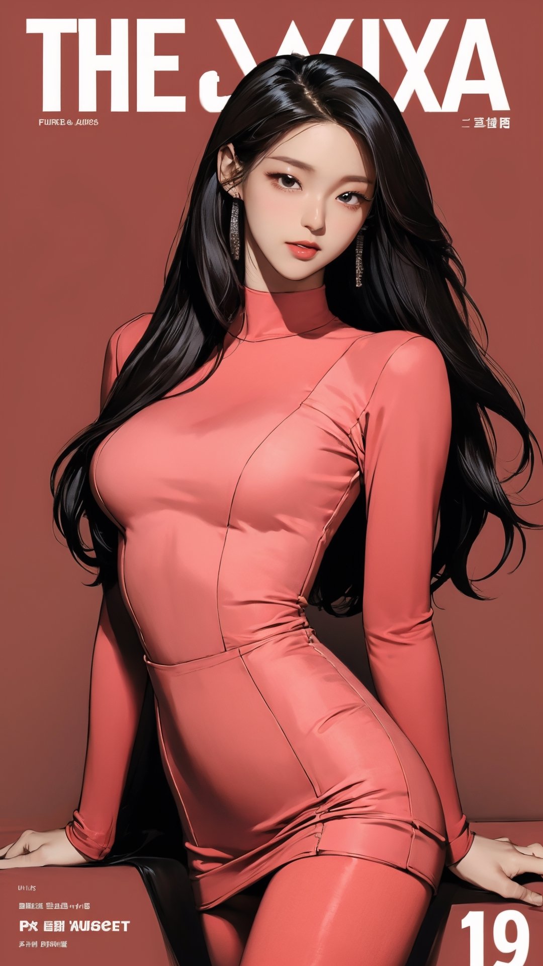 1girl, attendant, looking at viewer, thigh up body, stocking, earings, elegant, blush, red background, hairstyle, styled clothes, cinematic composition, ultra detailed, best quality, sharp focus, magazine cover, outline, 2D artstyle, seolhuyn