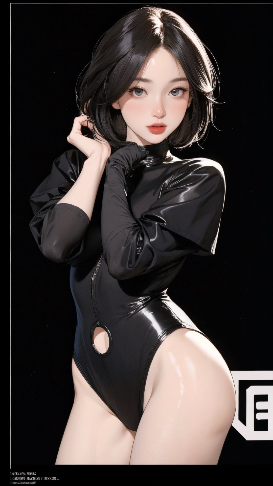 1girl, looking at viewer, thigh up body, sexy and elegant, black background, cutout clothing, hairstyle, cinematic composition, styled clothes,  ultra detailed, best quality, sharp focus, magazine cover, outline, 2D artstyle, htt