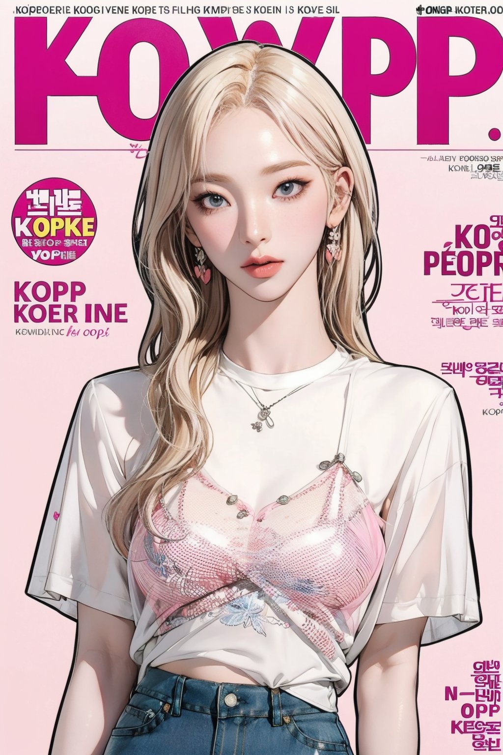 1girl, ((kpopgirl outfit, see-through shirt,)) pink and blonde hair, detailed clothes, earrings, looking at viewer, aespakarina, magazine cover,