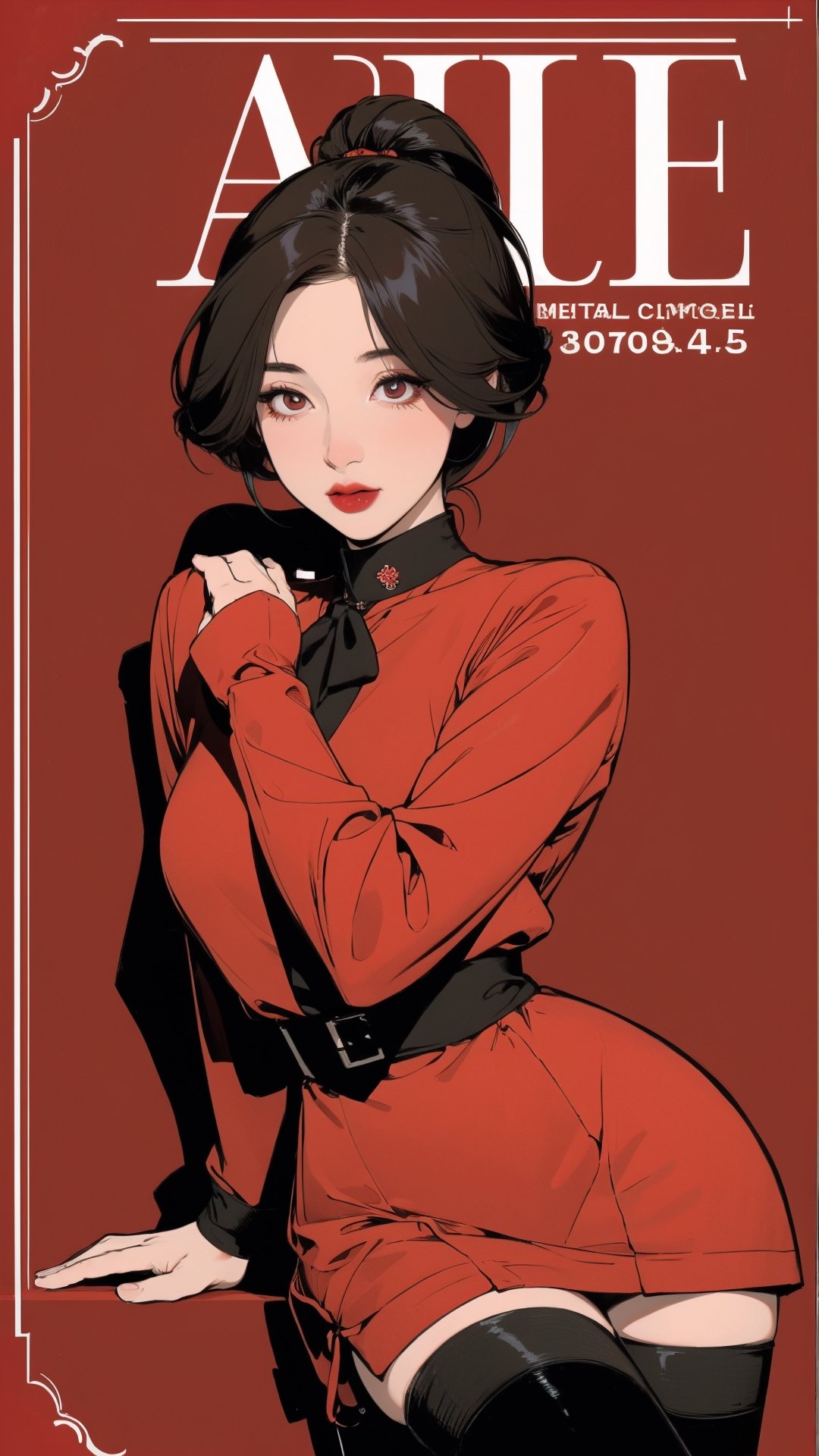 1girl, bdsm, looking at viewer, thigh up body, elegant and asthetic, red background, styled clothes, hairstyle, cinematic composition, styled clothes,  ultra detailed, best quality, sharp focus, magazine cover, outline, 2D artstyle,aespakarina,htt