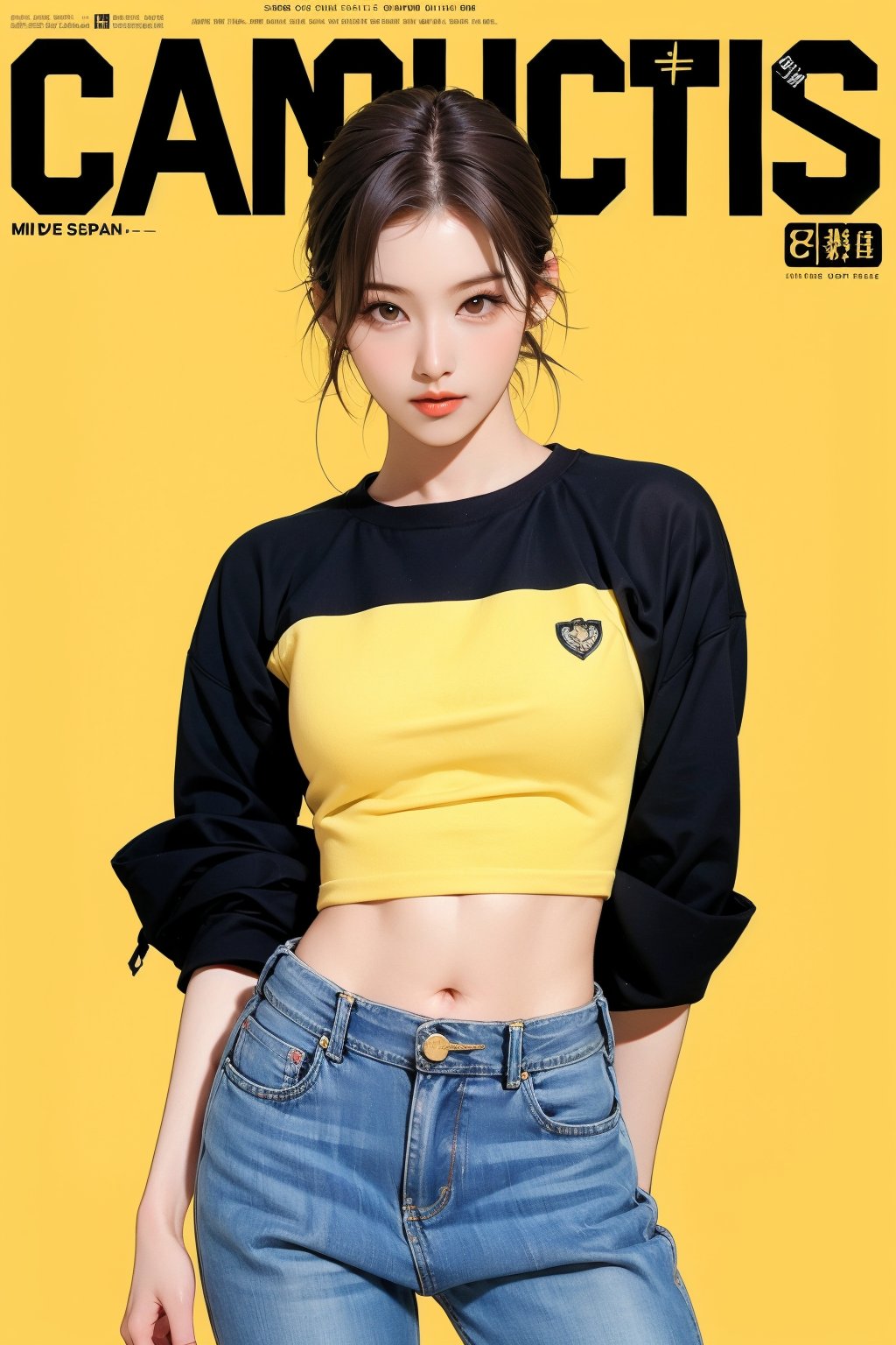 1girl, thigh up body, detailed clothes, kpop idol, hairstyle, croptop, boyfriend_jeans, looking at viewer, sharp focus, magazine cover, yellow background, ((outline,)) chimai, aespakarina,sanatw