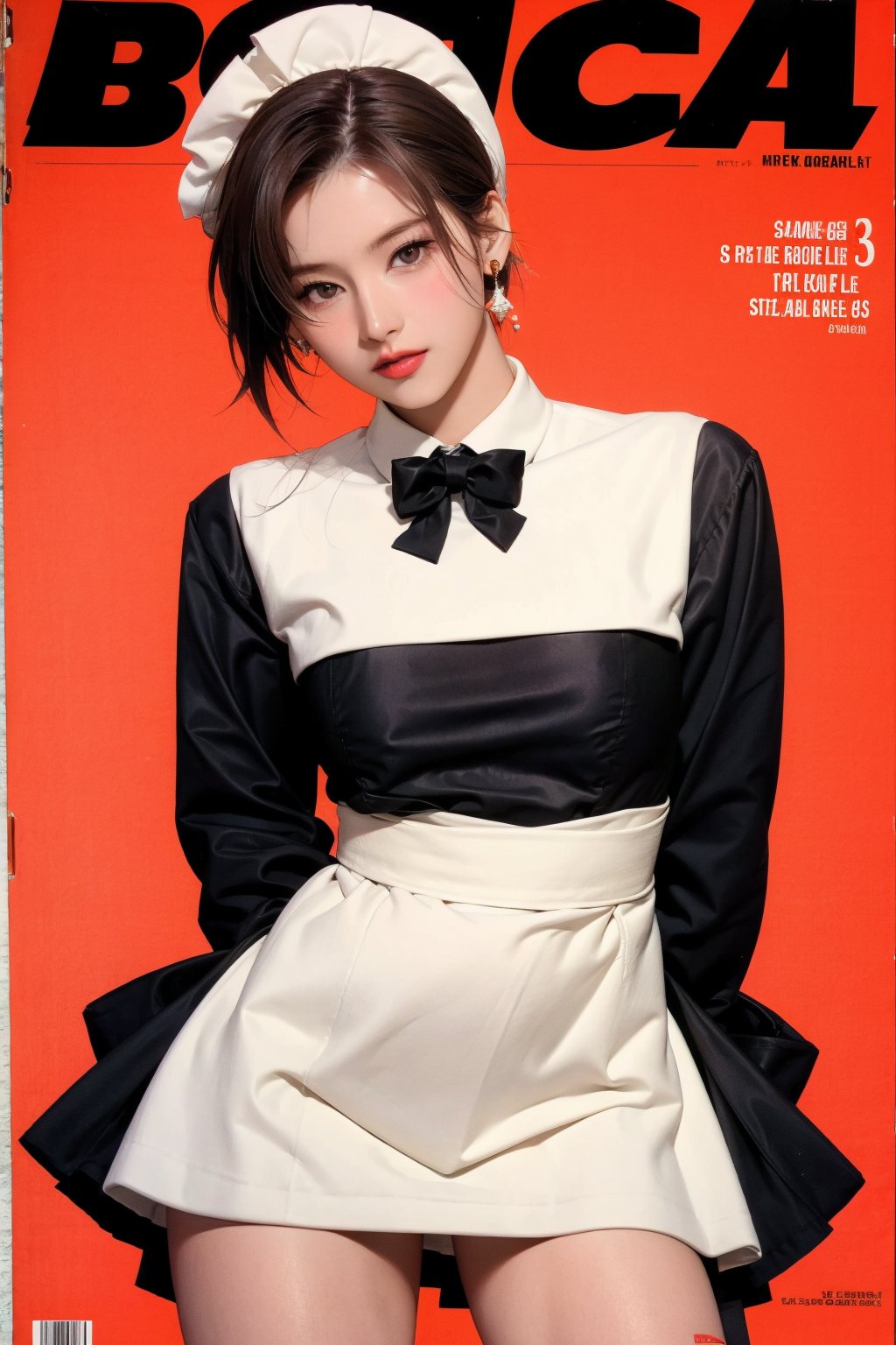 1girl, thigh up body, maid outfit, looking at viewer, detailed clothes, earrings, sanatw, magazine cover, 