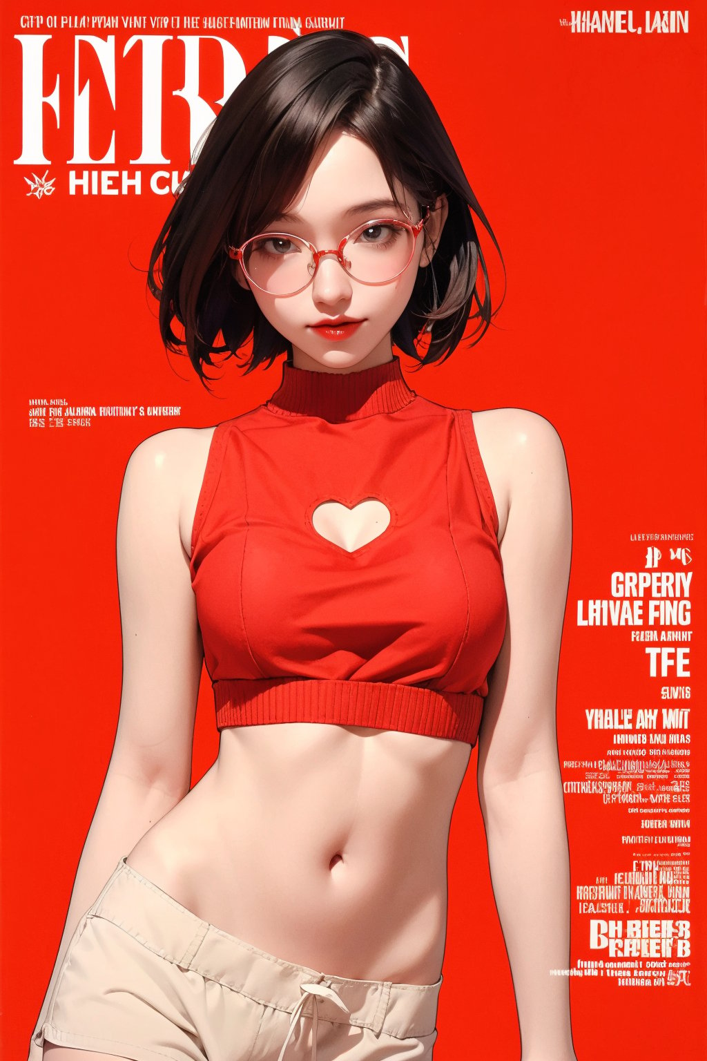 allure, lustful, 1girl, thigh up body, looking at viewer, translucent, intricate clothes, cutout clothes, ((sleeveless, navel)), cinematic lighting, hairstyle, magazine cover, red background, hakil, eyeglasses,