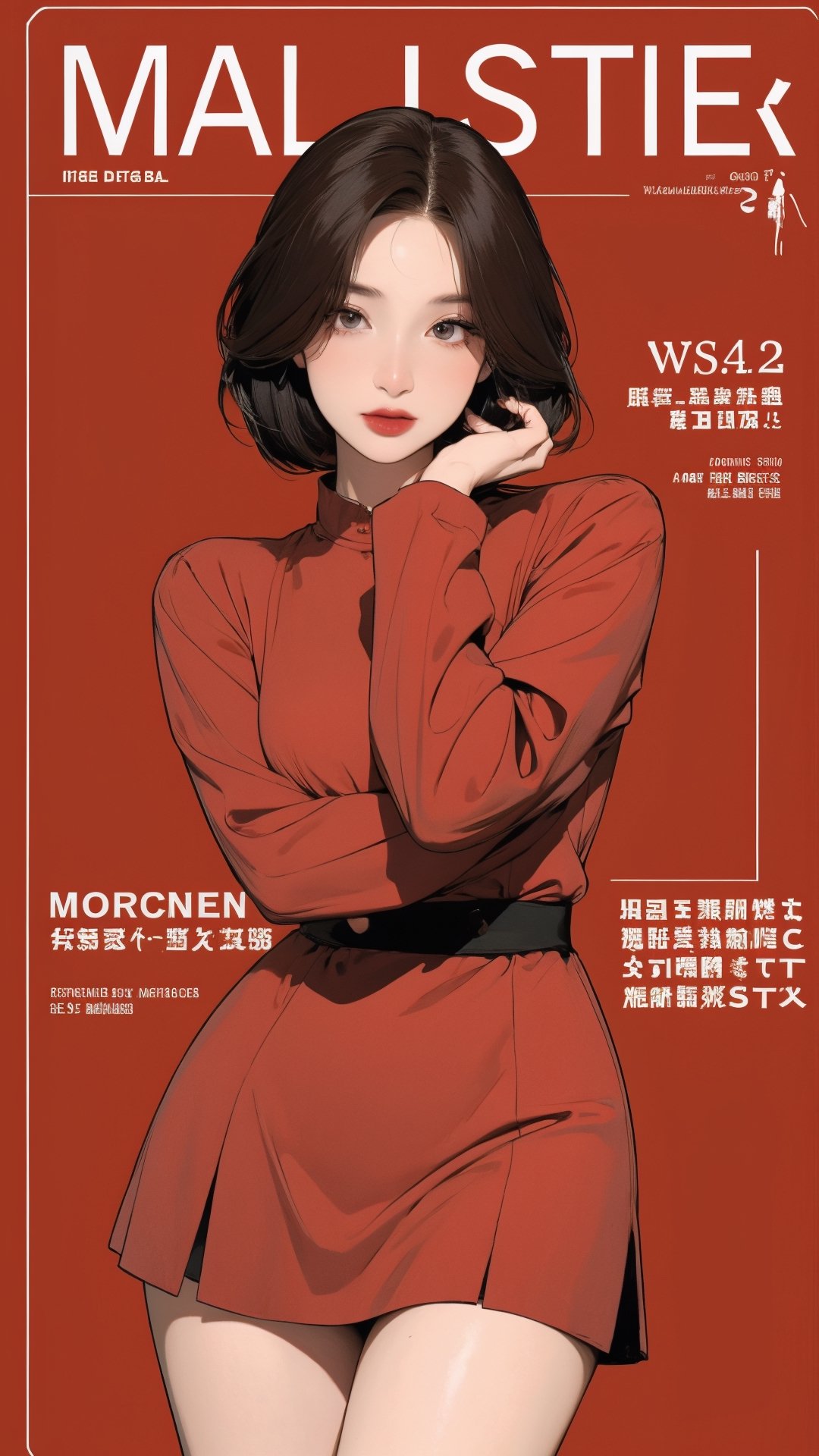 1girl, idol, singer, actress looking at viewer, thigh up body, elegant and asthetic, red background, styled clothes, hairstyle, cinematic composition, styled clothes,  ultra detailed, best quality, sharp focus, magazine cover, outline, 2D artstyle,aespakarina,htt