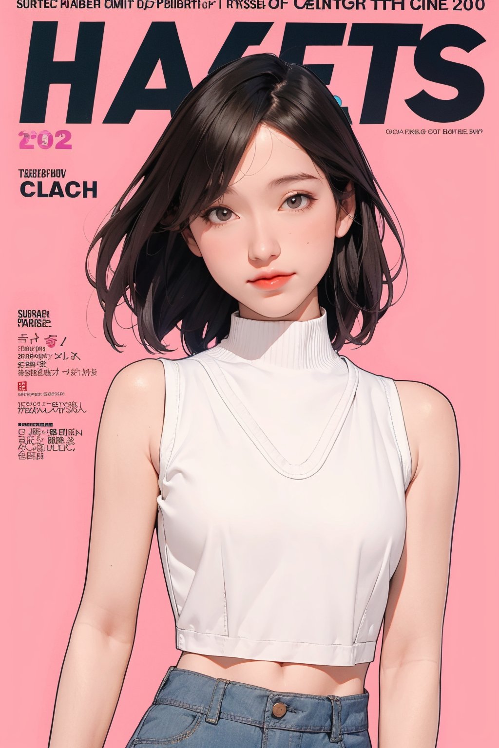 1girl, looking at viewer, styled clothes, turtle neck croptop, sleeveless, hairstyle, sharp focus, magazine cover, coloful background, 2D artstyle, outline, 

chimai,hine,hakil