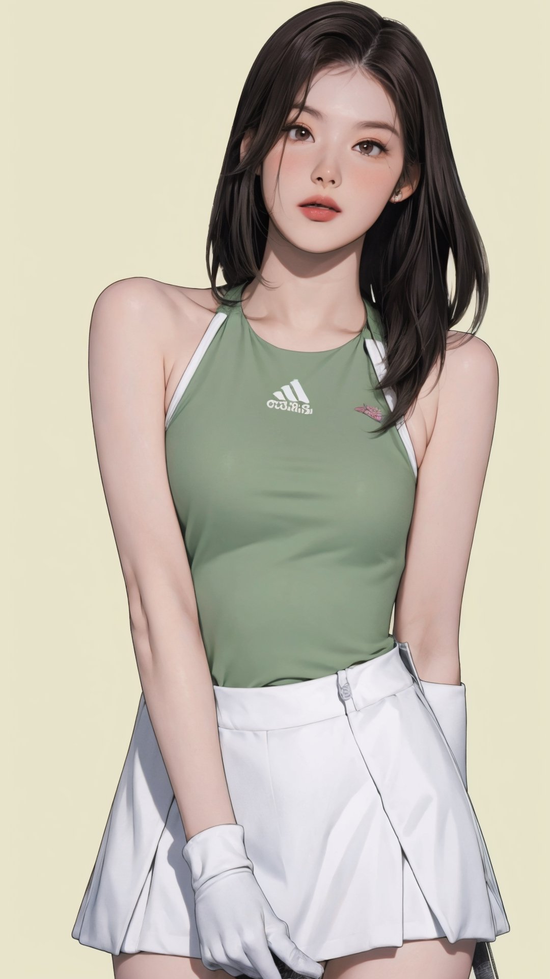 1girl, standing, thigh up body, ((looking at viewer, tennis girl outfit, center opening,)) 2D artstyle, magazine cover, outline, earings, blush, green background, hairstyle, ultra detailed, best quality, sharp focus, ,DiaSondef,sophiesw,Mia ,Anna ,mthanhh,minatw,momo,sanatw