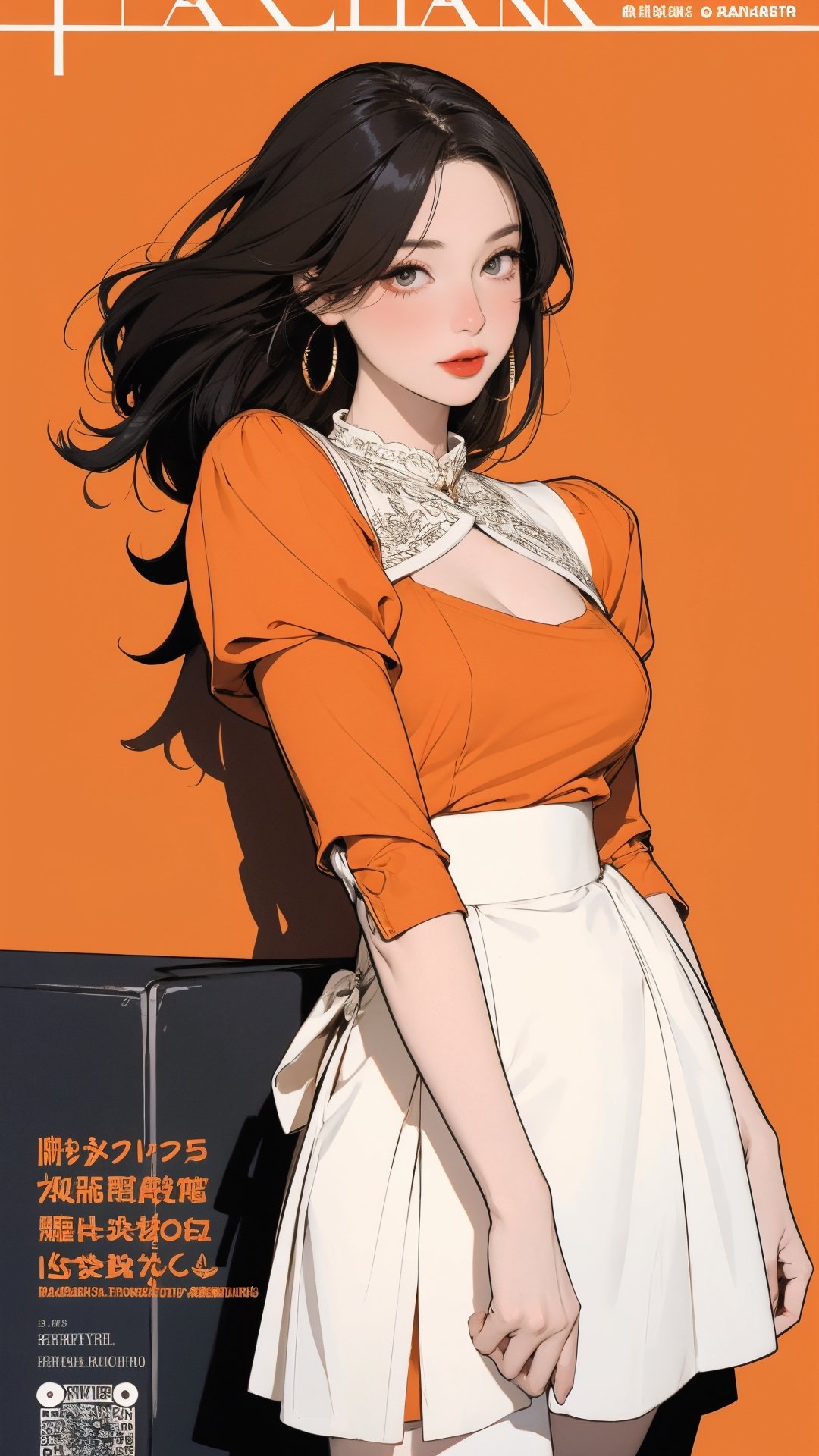 1girl, looking at viewer, thigh up body, stocking, earings, elegant and allure, orange background, hairstyle, styled clothes, cutout clothes, cinematic composition, ultra detailed, best quality, sharp focus, magazine cover, outline, 2D artstyle,aespakarina,htt