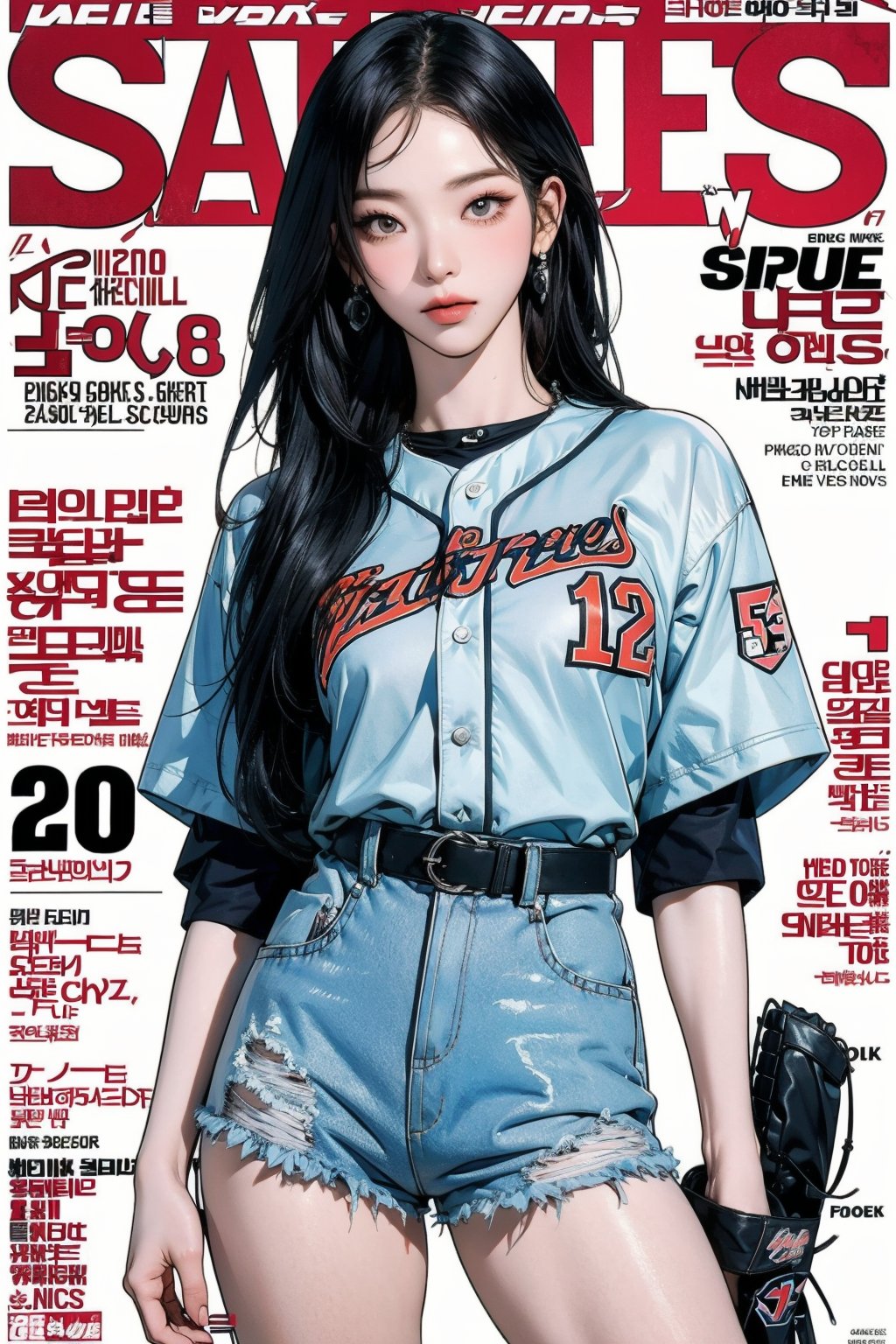 1girl, ((baseball girl outfit,)) thigh up, detailed clothes, earrings, looking at viewer, aespakarina, magazine cover,