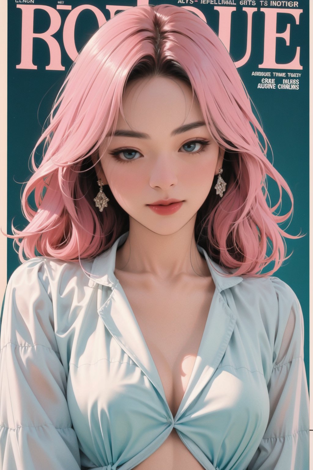 lustful, allure, sexy, 1girl, cyan pink hair, thigh up body, ((detailed beautiful face,)) detailed beautiful eyes, looking at viewer, translucent, intricate clothes, cutout clothes, navel cutout, cinematic lighting, different hairstyle, magazine cover, green background, sim