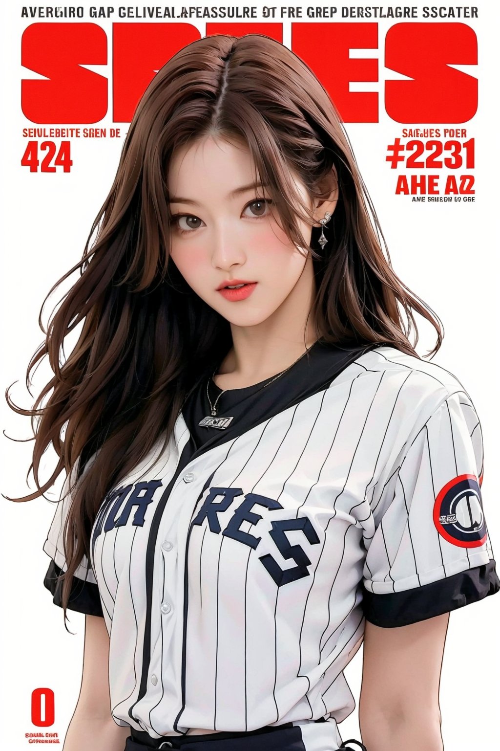 1girl, ((baseball girl outfit,)) long hair, looking at viewer, detailed clothes, earrings, sanatw, magazine cover, 